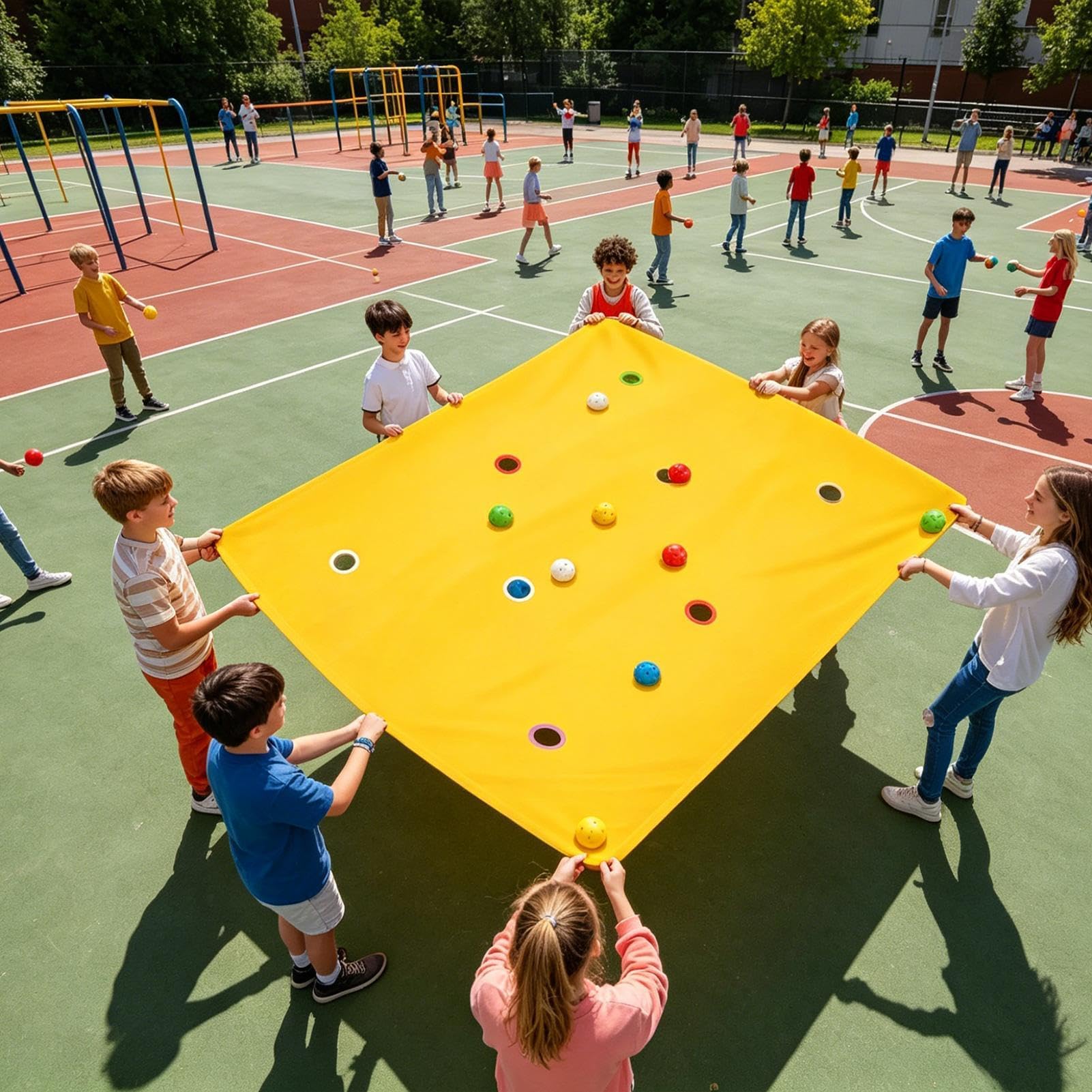 Giochi di Team Building - Asciugamano con fori e 8 palline, giochi di gruppo, per riunioni di famiglia, feste, spiaggia, cortile, all'aperto, scuola, casa