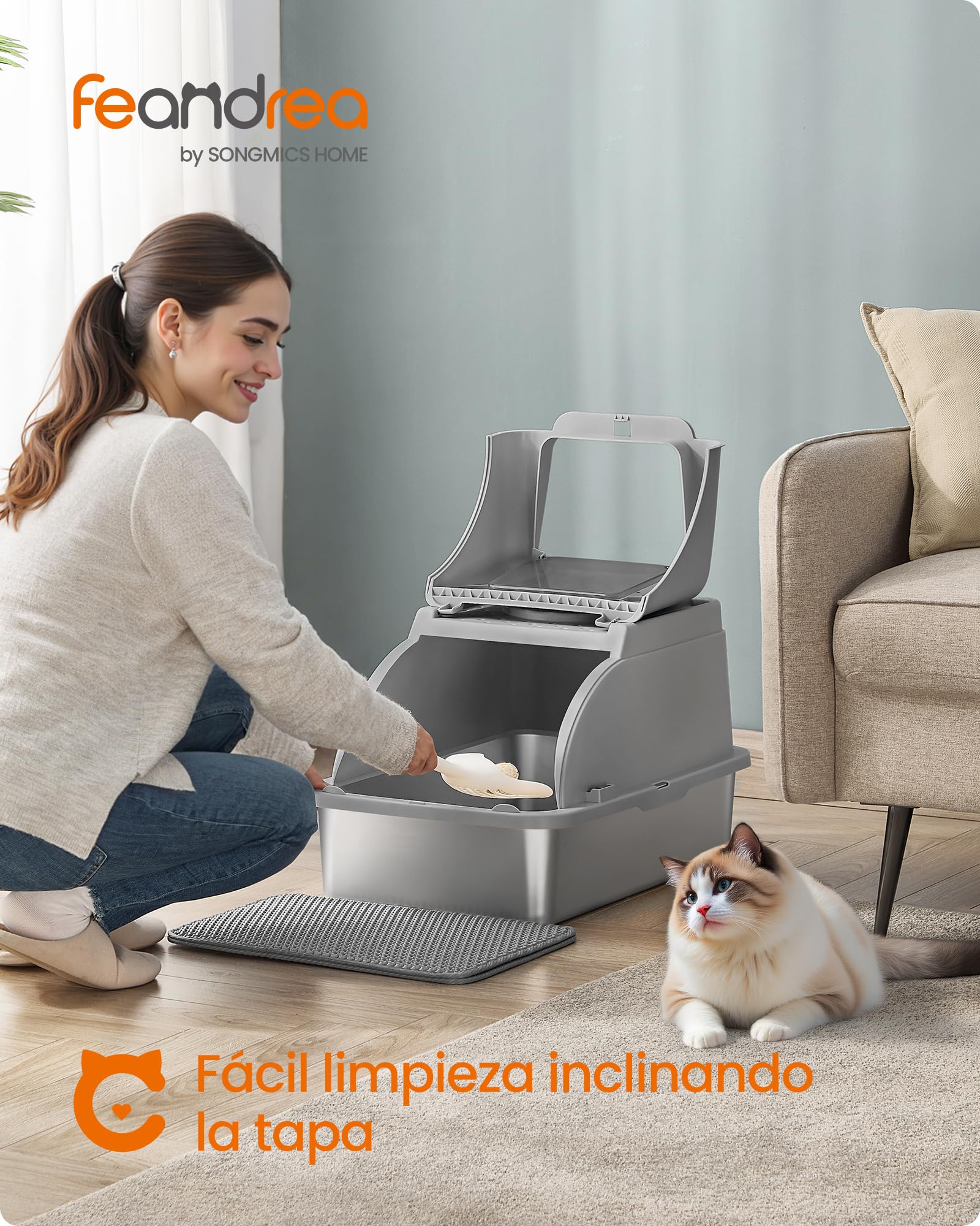 Feandrea Caja de Arena de Acero Inoxidable para Gatos con Tapa Abatible, Arenero XL, a Prueba de Fugas, Cuchara, Cepillo, Doble Entrada, Carga de Encimera de 15 kg, Gris Paloma PPT005G01