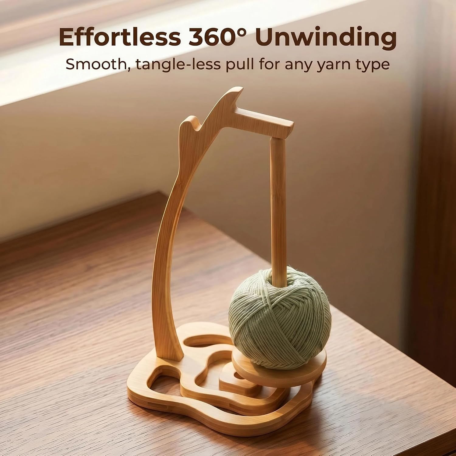 Bamboo Yarn Holder for Crocheting and Knitting, Magnetic 360° Rotating Tangle-Free Yarn Ball Stand, Wood Dispenser with Decorative Base & Detachable Spindle, Crochet Knitting Gift