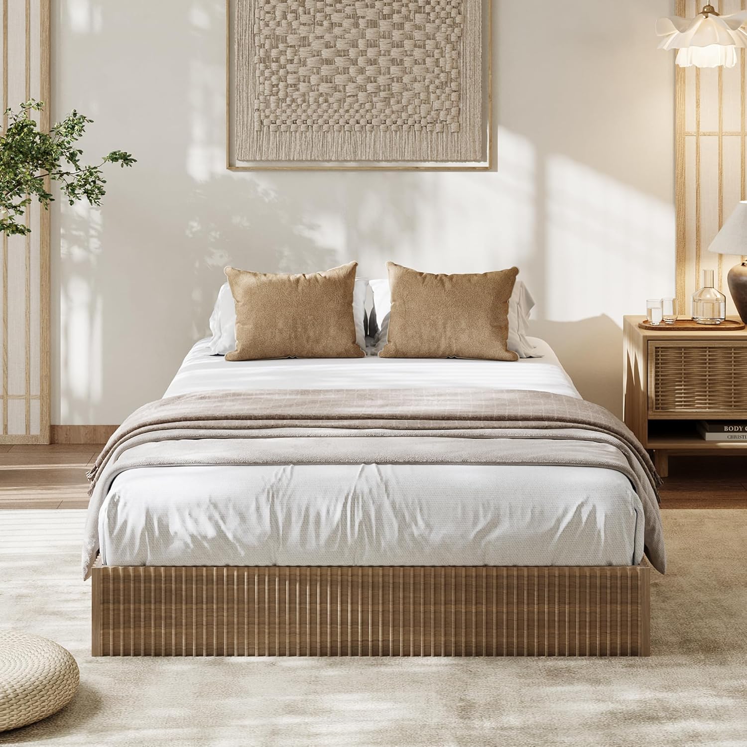 Garvee Twin XL Bed Frame, Wood Platform Bed with Fluted Design, Low Profile BedFrame, Minimalist Bed Base with Noise-Free, Easy Assembly, No Box Spring Needed, Walnut