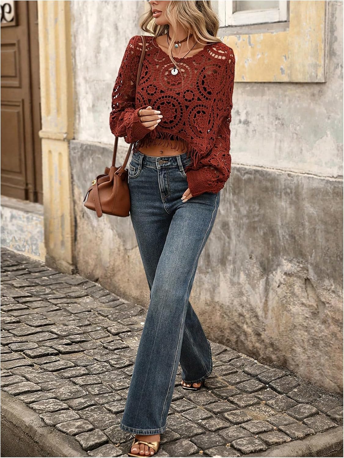 SHENHE Women's Hollow Out Crochet Fringe Crop Top Lightweight Knit Boho Western Sweater