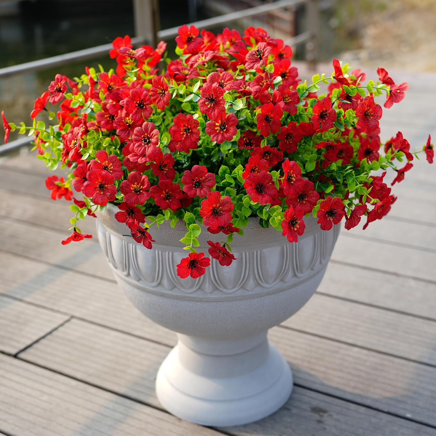 Artificial Faux Plants Flowers Outdoor Spring Summer Decoration,12 Bundles Fake Silk Colorful Daisy Eucalyptus Realistic UV Resistant for Outside Home Planter Porch Patio Yard Decor (Red) - Image 5