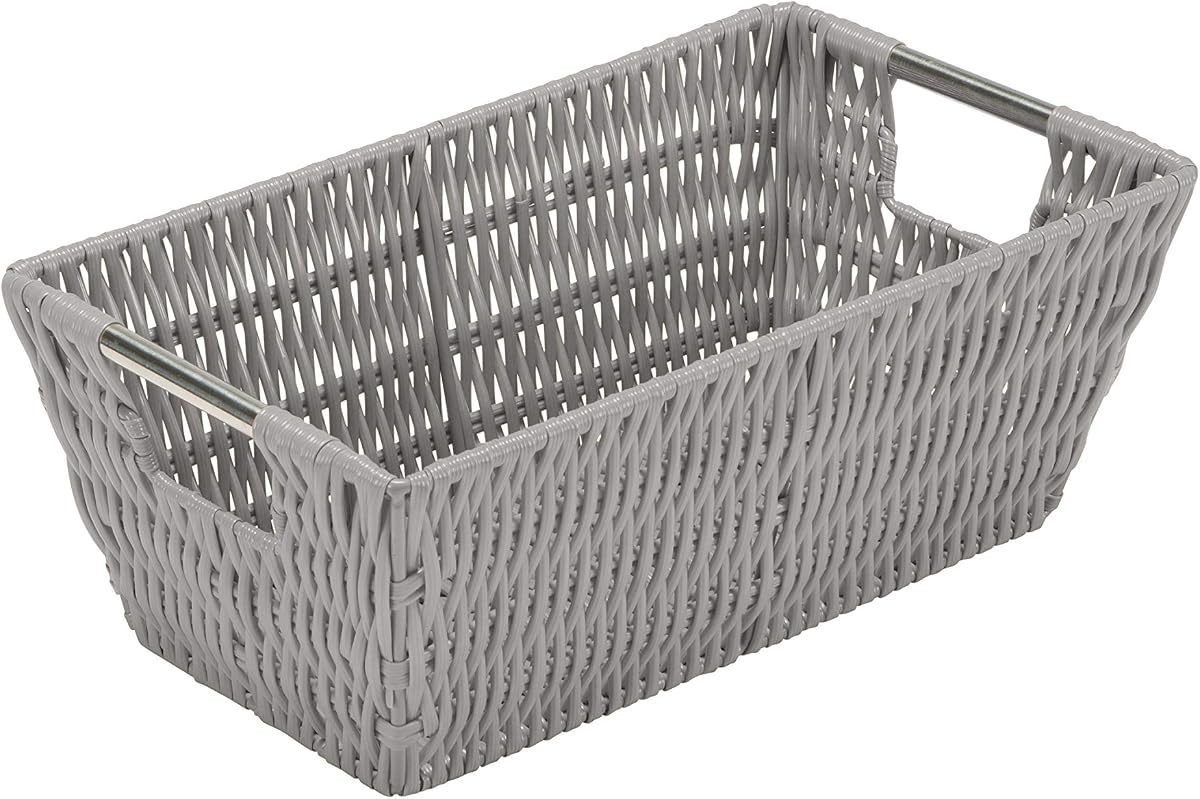 Simplify 11"x6.5"x4.5" Small Shelf Storage Woven Basket with Handles, Nursery, Playroom, Toys, Bedroom, Closet, Clothes, Office, Decorative Rattan Totes, Grey