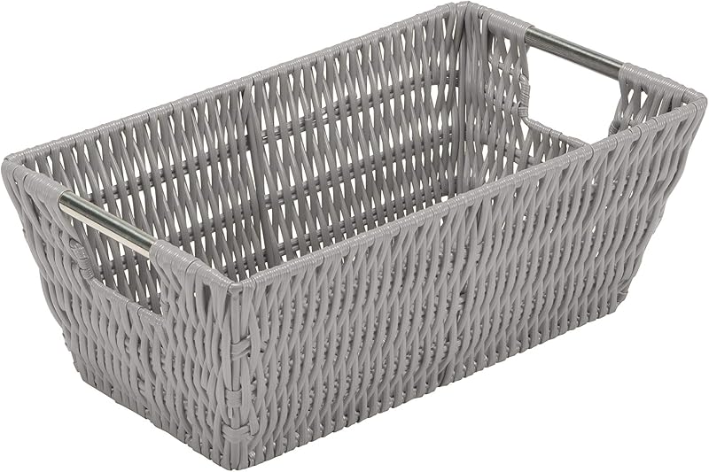 Simplify 11"x6.5"x4.5" Small Shelf Storage Woven Basket with Handles, Nursery, Playroom, Toys, Bedroom, Closet, Clothes, Office, Decorative Rattan Totes, Grey
