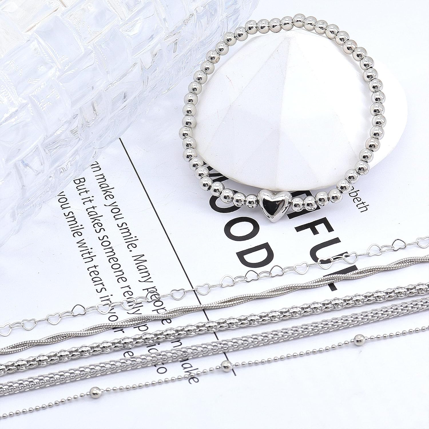 GIGB PBDK Silver Layered Heart Bracelets Set for Women,Dainty Stackable String Beads Bangles Adjustable Love Chain Link Bracelets Jewelry Accessories - Image 6