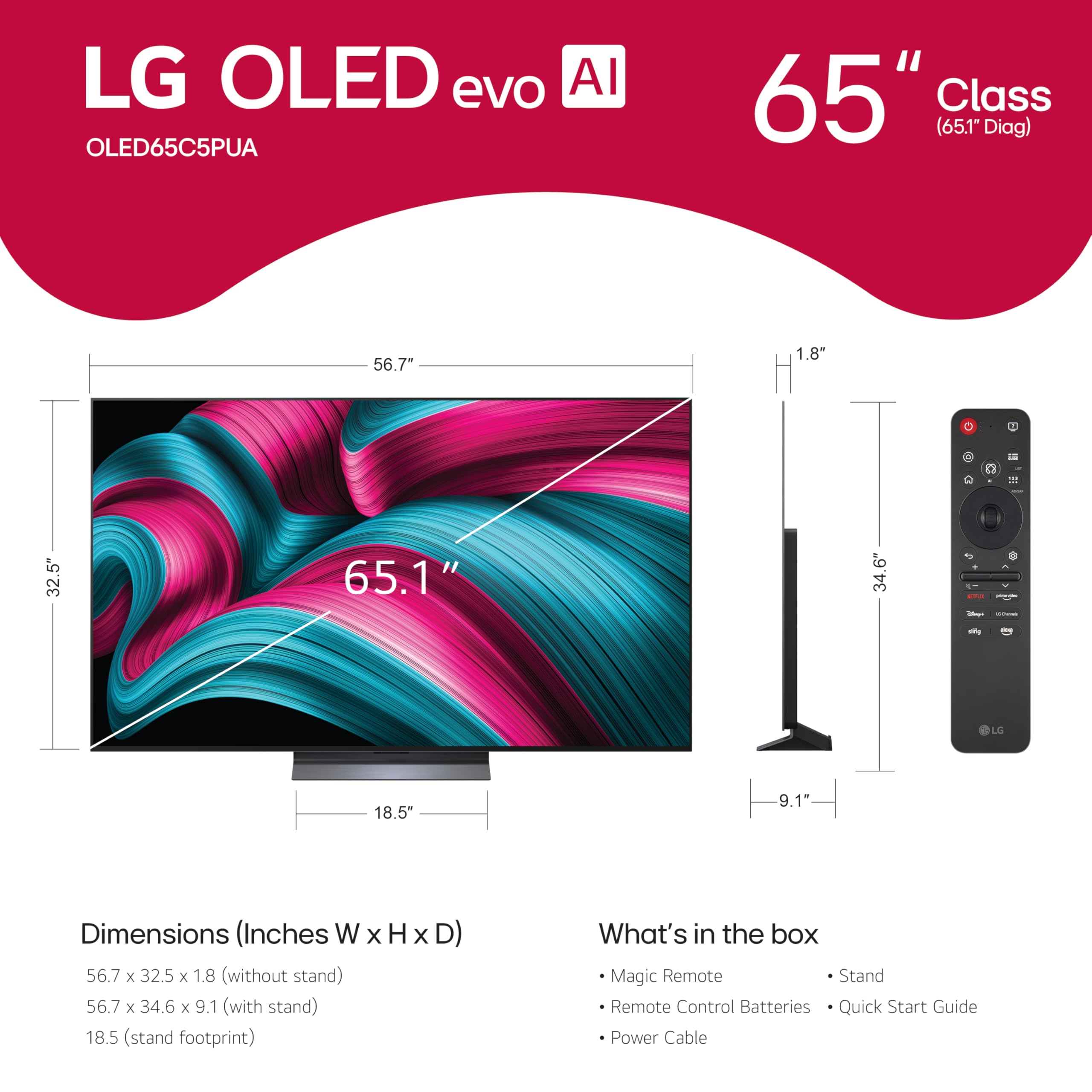 LG 65-Inch Class OLED evo AI 4K C5 Series Smart TV w/Dolby Atmos, Dolby Vision, HDR10, AI Super Upscaling 4K, Filmmaker Mode, Wow Orchestra, Alexa Built-in (OLED65C5PUA, 2025)