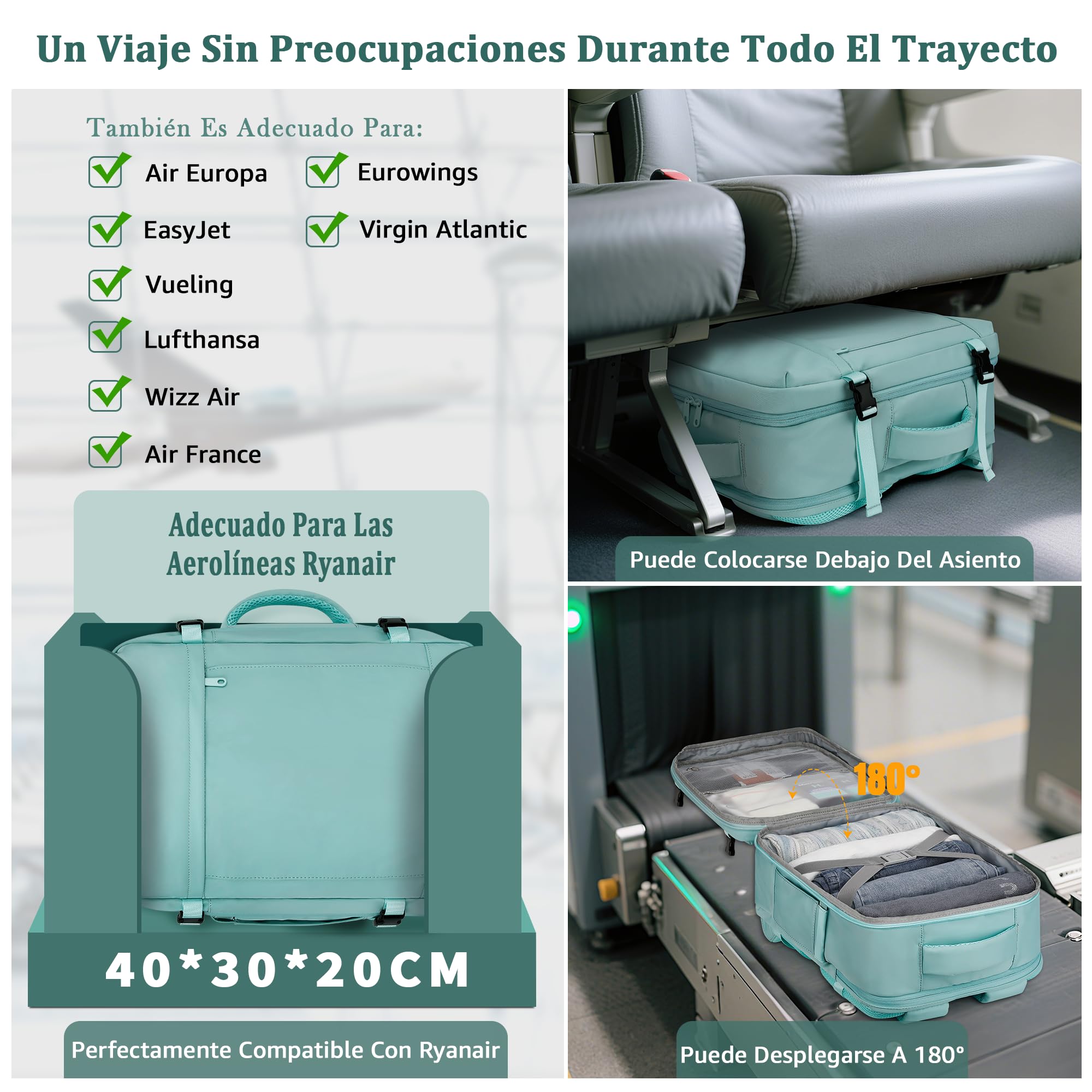 VSNOON Mochila Viaje Cabina Avion 40x30x20 Equipaje de Mano 40x30x20 para Vueling 25L Bolsa de Viaje Hombre Mujer Maletas de Viaje Cabina Mochila Portatil, Verde