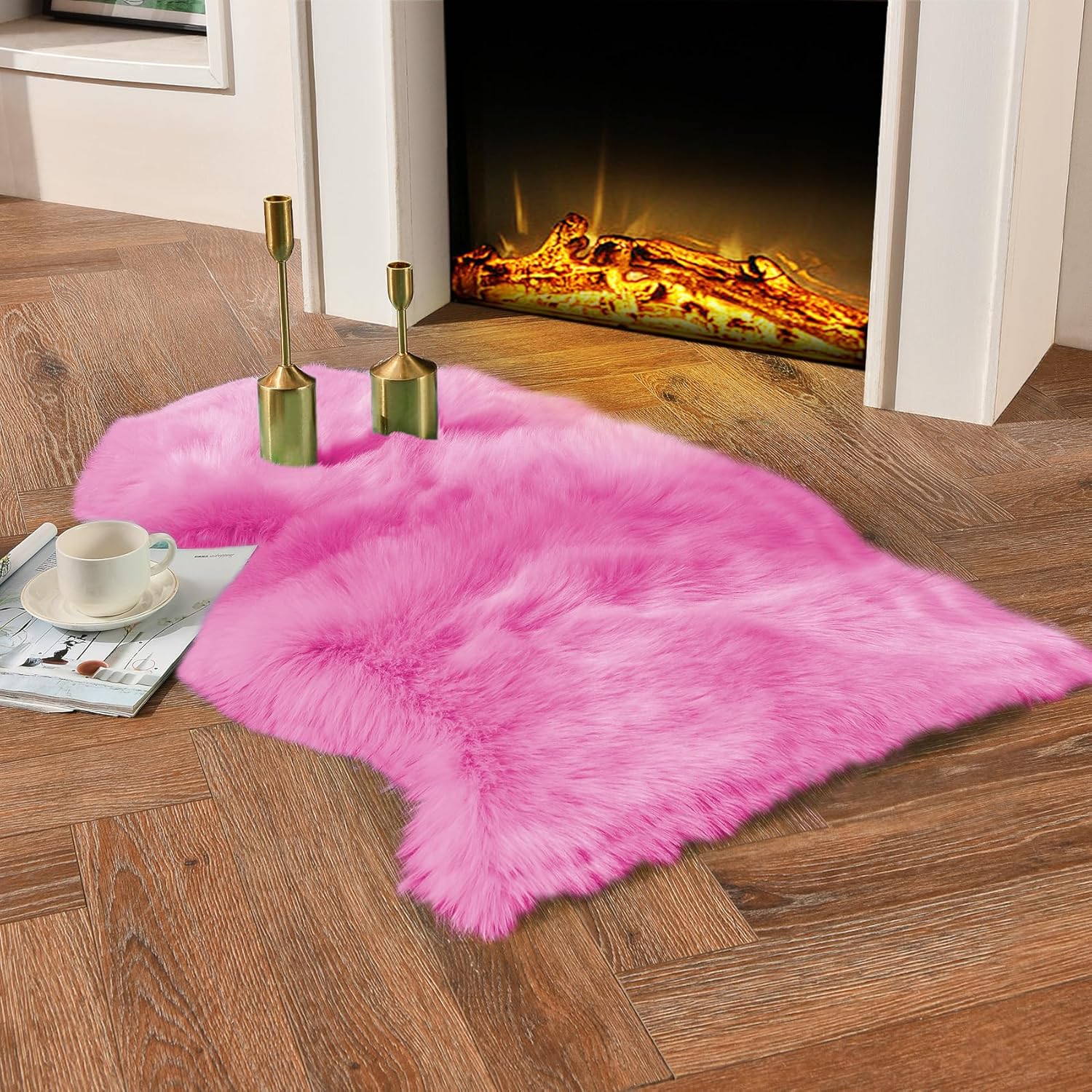 duduta Hot Pink Faux Sheepskin Throw Rug 2x3 ft, Fluffy