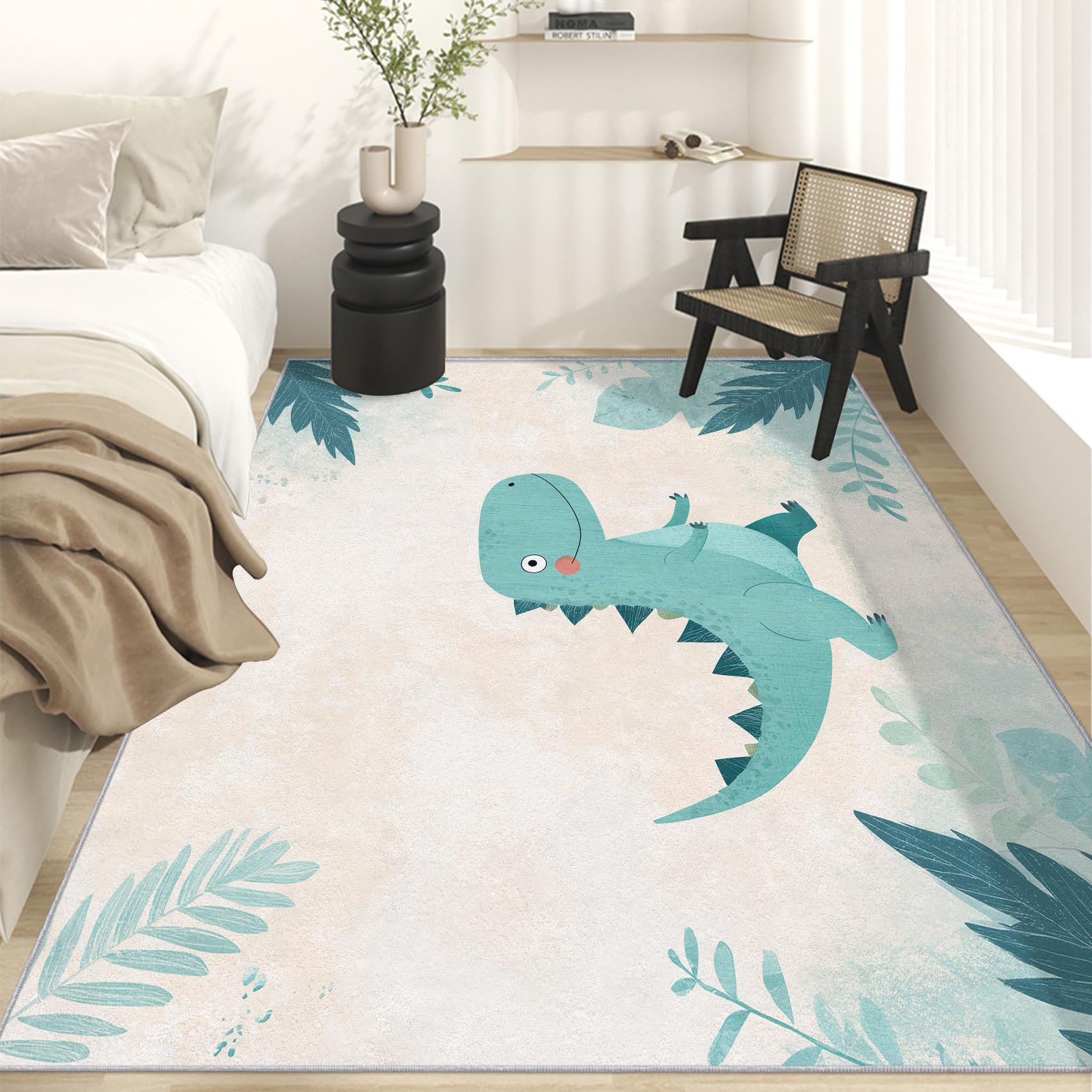 Generisch Dino Teppich Wohnzimmer 140x200, Kurzflor Teppich Schlafzimmer Dinosaurier Süße Cartoon Tier Wohnzimmerteppich Groß, Weich Flanell - Antirutsch Carpet H-7