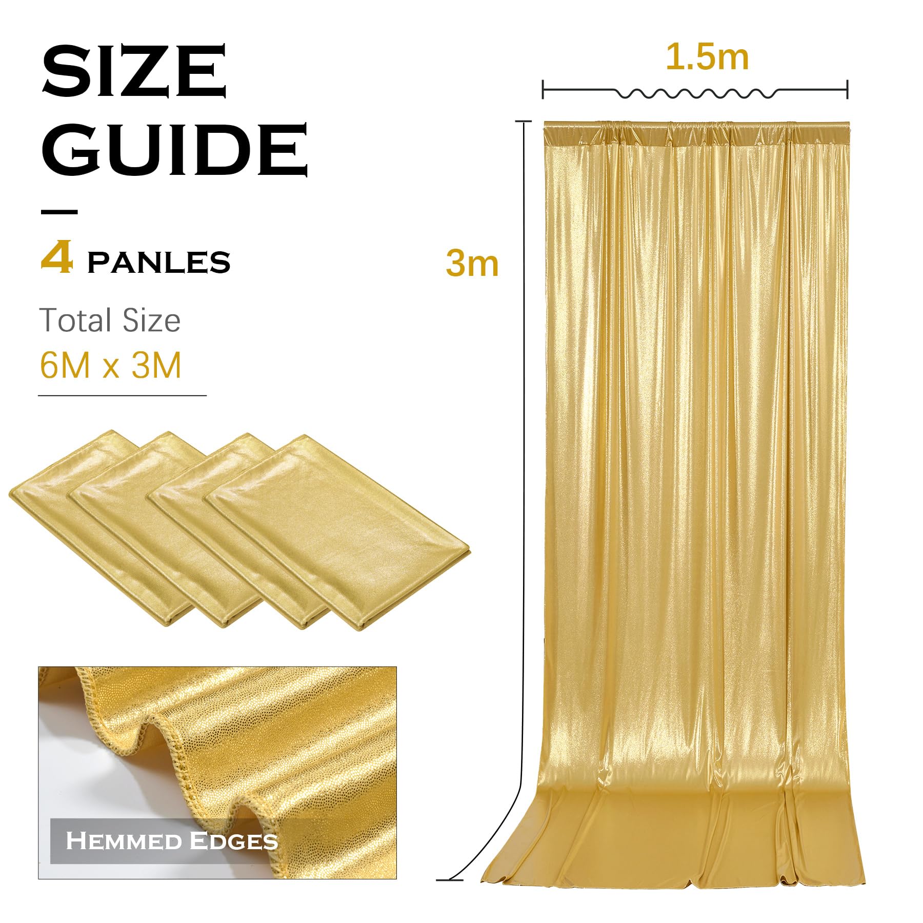 6x3m Gold Glitzer Vorhang – 4 Stück 1,5x3M Faltenfreier Pailletten Hintergrund, Schimmernde Deko Stoff Vorhänge für Hochzeit, Geburtstag, Fotoshooting, Abschlussfeier