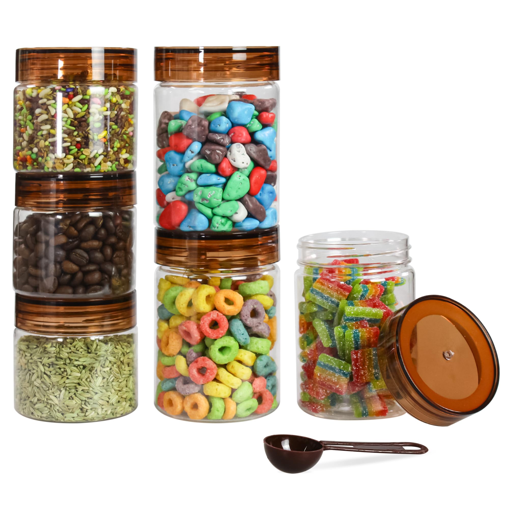 PEARLPET Tiffany Plastic Containers for Kitchen Storage | Plastic Container Set with Spoon | BPA-Free, Stackable Jars | Brown,200 ML (Set of 6) (B0CBSCX6LC) Amazon Price History, Amazon Price Tracker