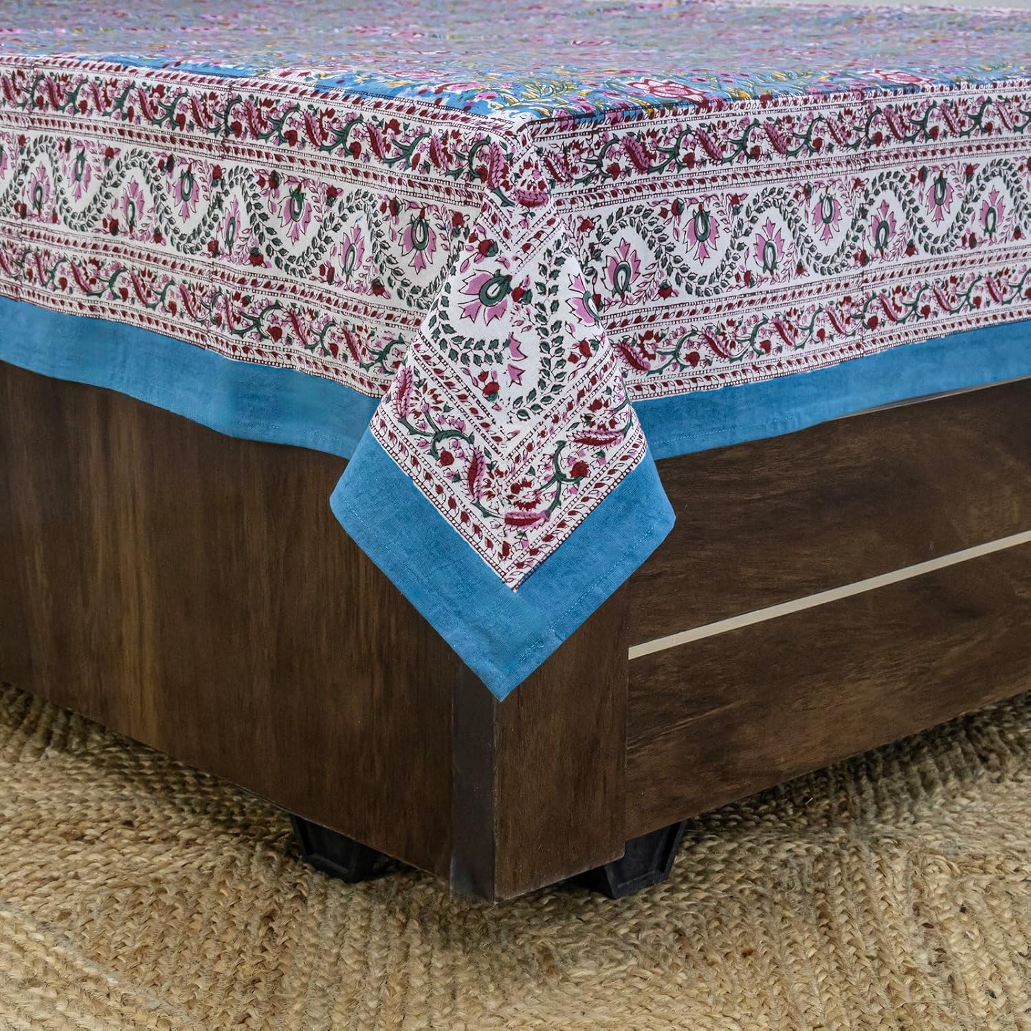 King Size Hand Block Printed Cotton Bedsheet, Blue Pink, 100% Cotton Flat Sheets, Floral Pattern, Soft and Breathable for Cozy Bedding Home Decor Bedroom Spring Autumn Thanksgiving