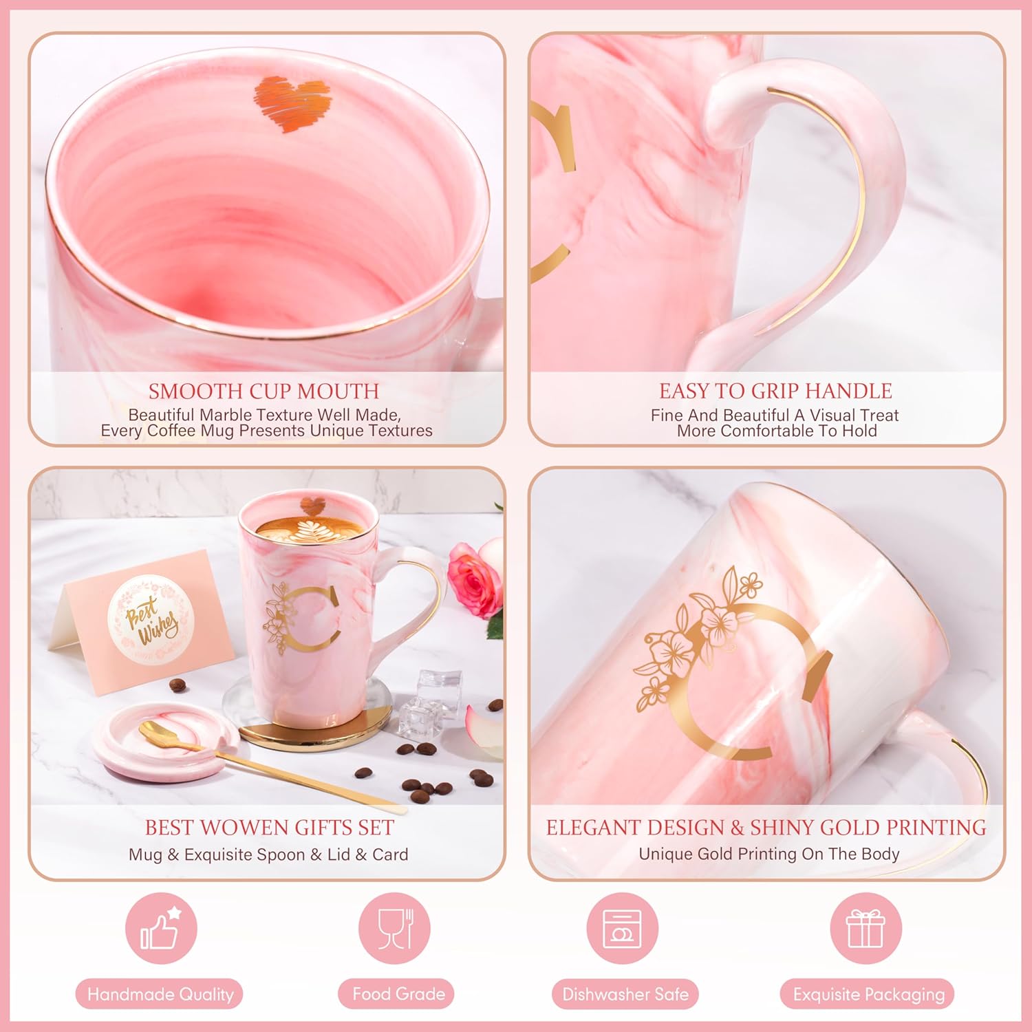 Personalized Gifts for Women Coffee Mug, 14 Oz Pink Initial Customized Mugs with Flower, Birthday Gifts for Women, Cool Mug Christmas Mother's Day Gift for Her Wife Mom Grandma Friend Sister Unique,C - Image 5