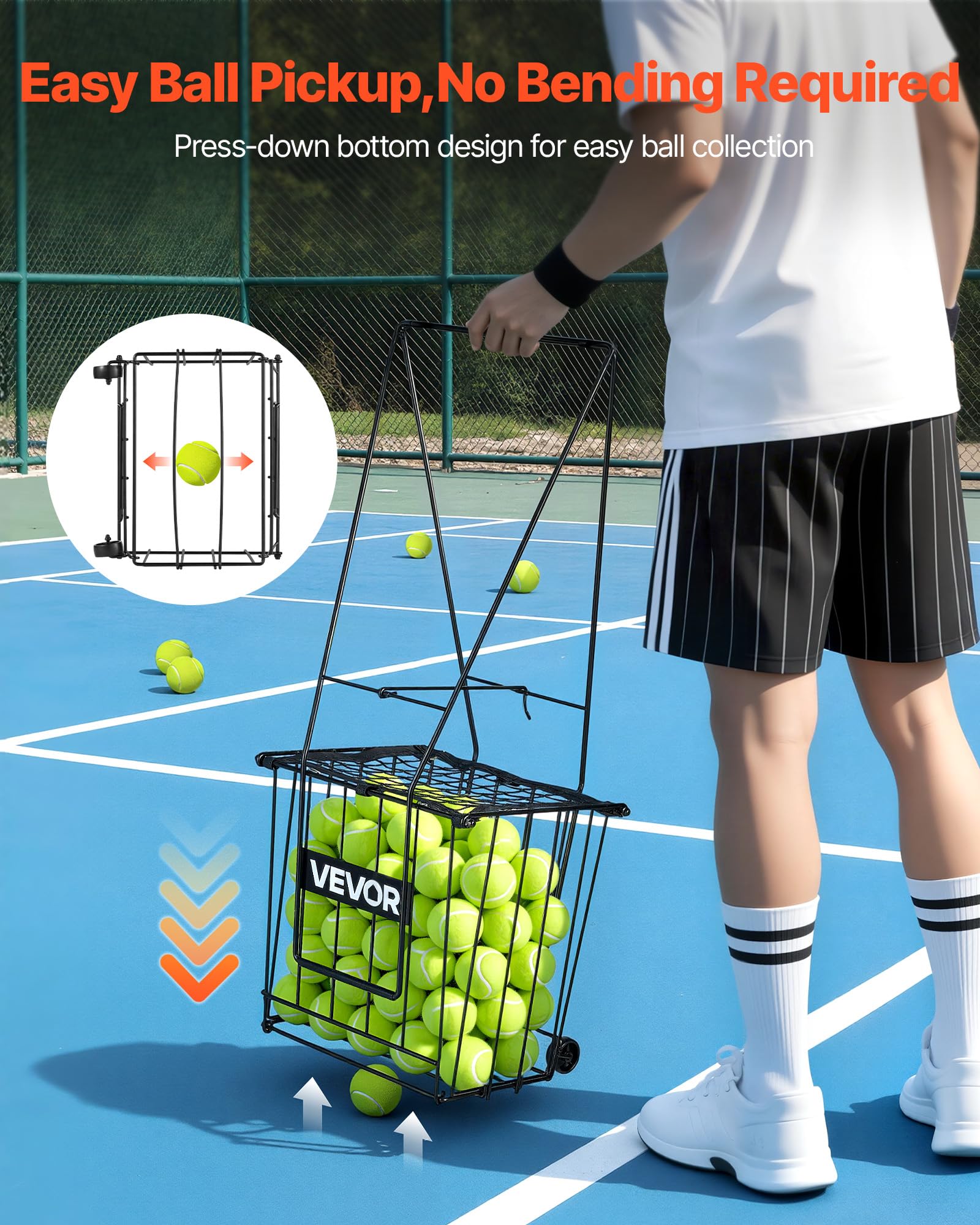 VEVOR Recogepelotas de Tenis con Ruedas y Mango, Capacidad para 75 Pelotas o 52 Pickleball, Cesta Portátil de Tenis con Soporte, Altura Ergonómica, Carro de Acero para Entrenamiento y Almacenamiento