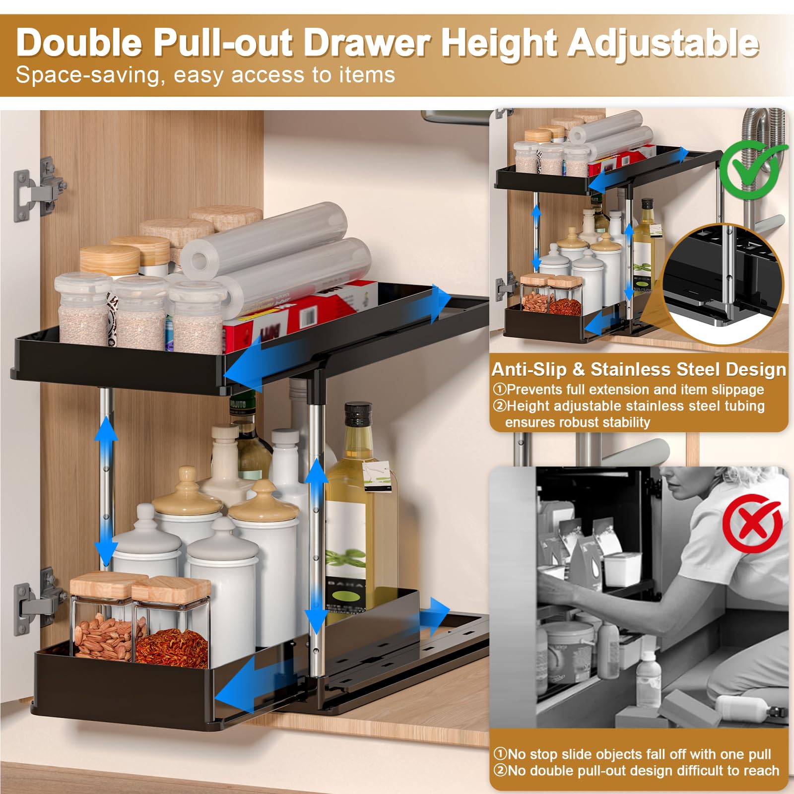 NIUXX 2 Pezzi Organizer Sottolavello Cucina Estraibile - Altezza regolabile | Organizzatore Sottolavello per Armadio cottura con 5 cassetti - Ripiano multiuso per spezie mobili lavastoviglie