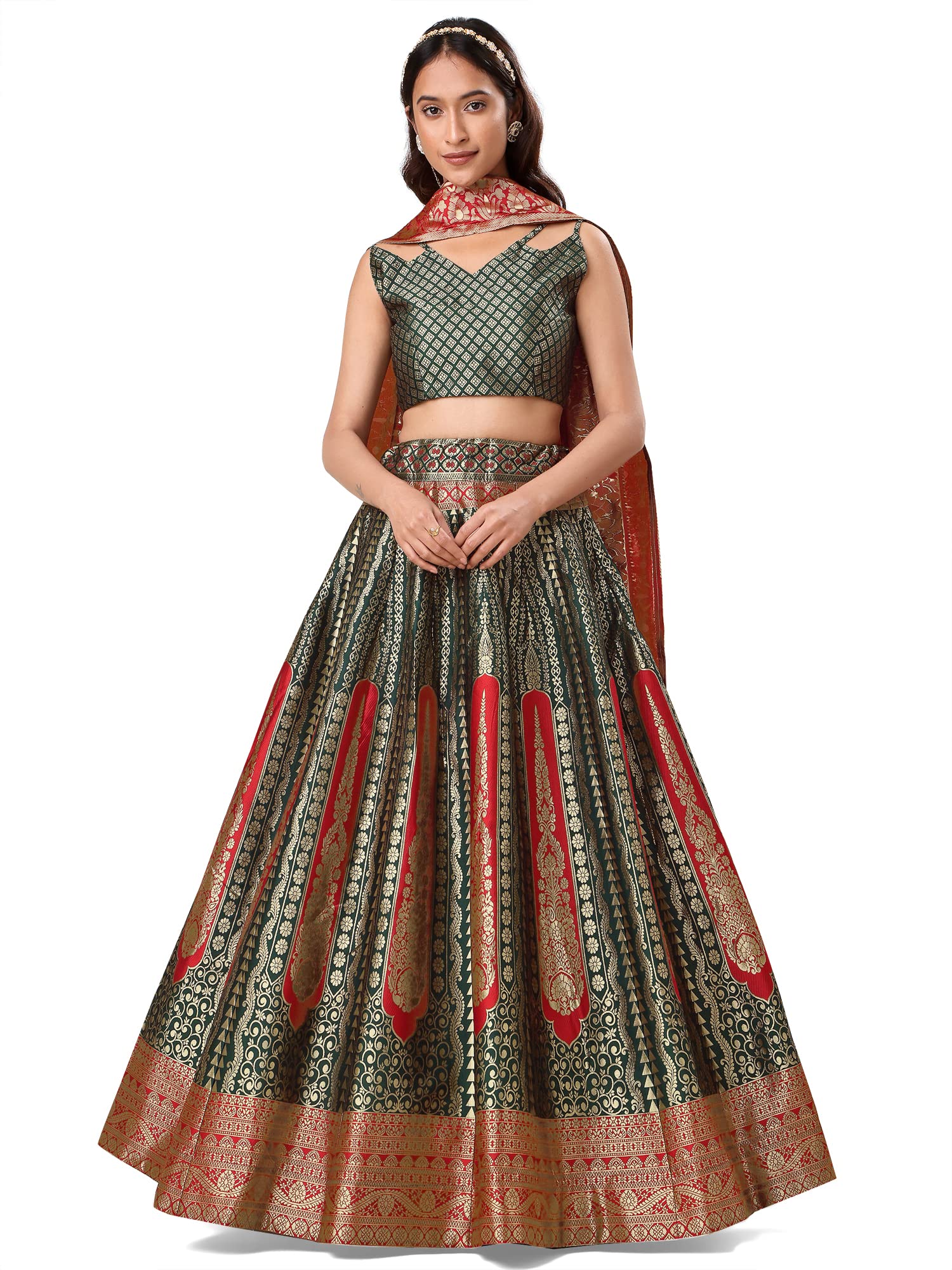 Purvaja Women's Jacquard Semi-Stitched Lehenga Choli (Lihaaz-D-Green_Green_Free Size)