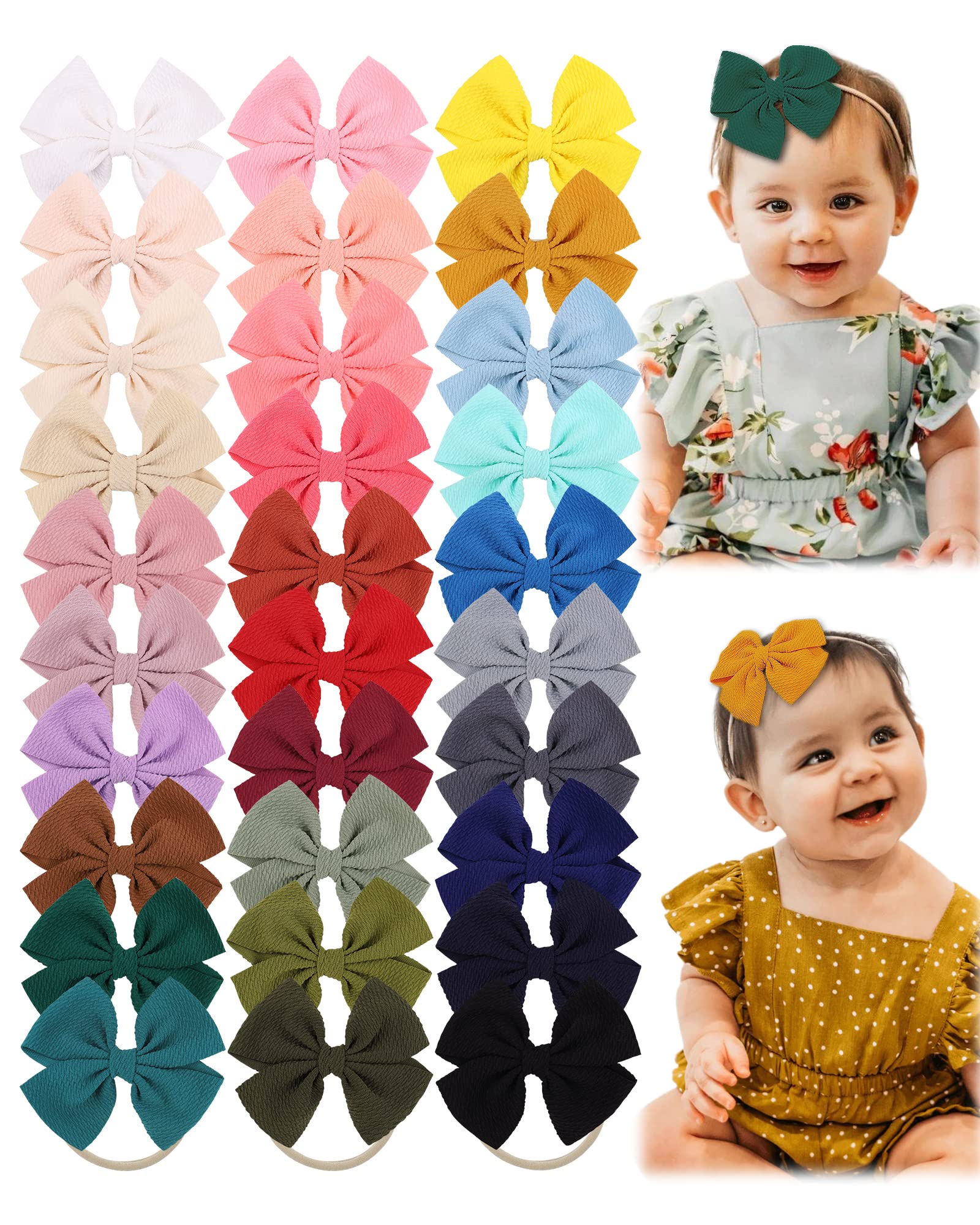 Jollybows - 30 lazos para el pelo para niñas, diadema de nailon, accesorios elásticos para el cabello para bebés y niños pequeños