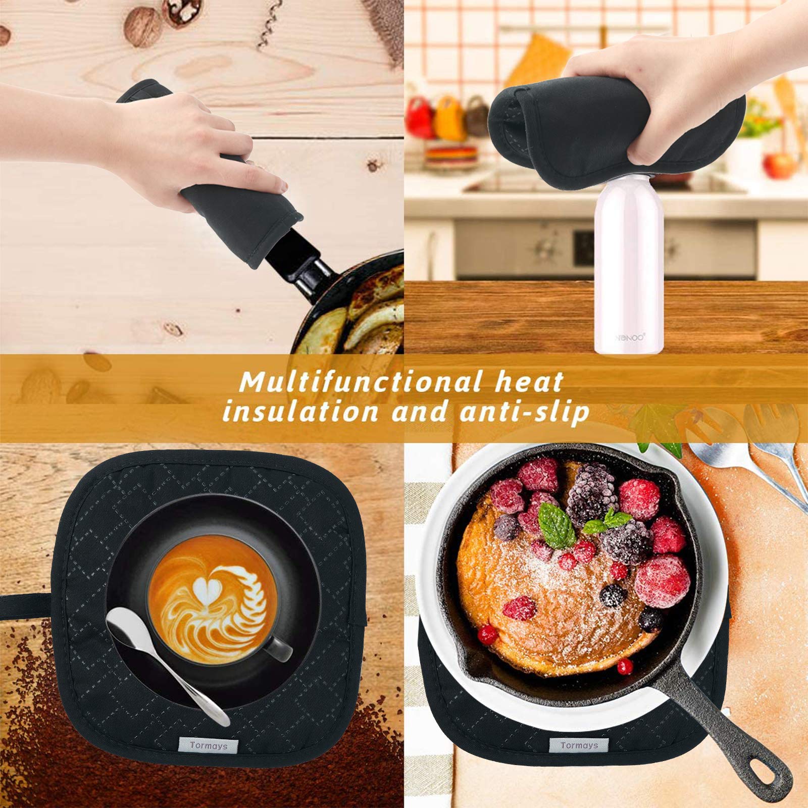 Juego de 4 guantes de horno y soportes para ollas, guantes de horno resistentes al calor 572F, forro de algodón suave con superficie antideslizante para cocina, hornear, barbacoa (negro)