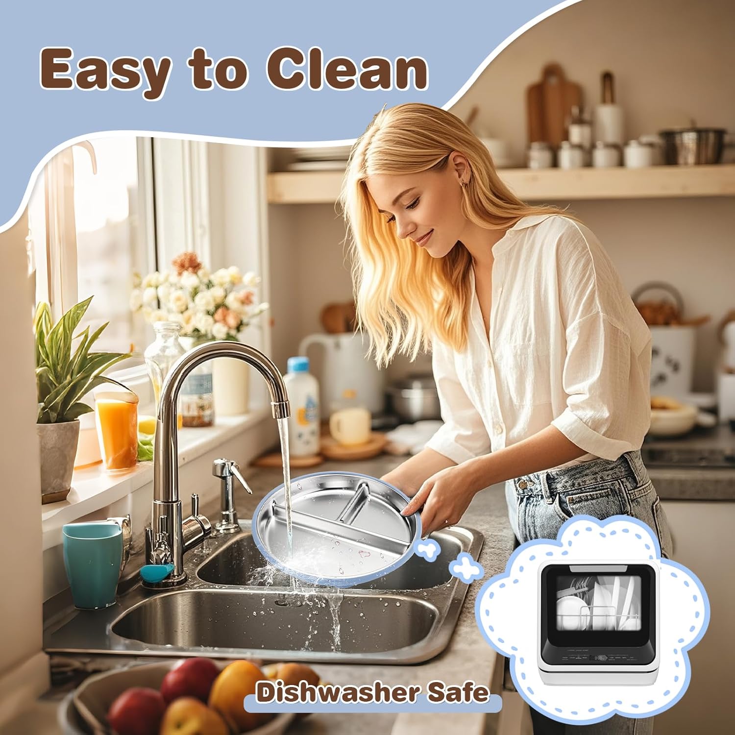 Stainless Steel Kids Plates with Suction, 9” Divided Baby Plates with Removable Silicone Sleeves, Non-Slip Toddler Plate Unbreakable Metal Toddler Bowls Dinnerware Set of 2 (Blue, Beige) - Image 6