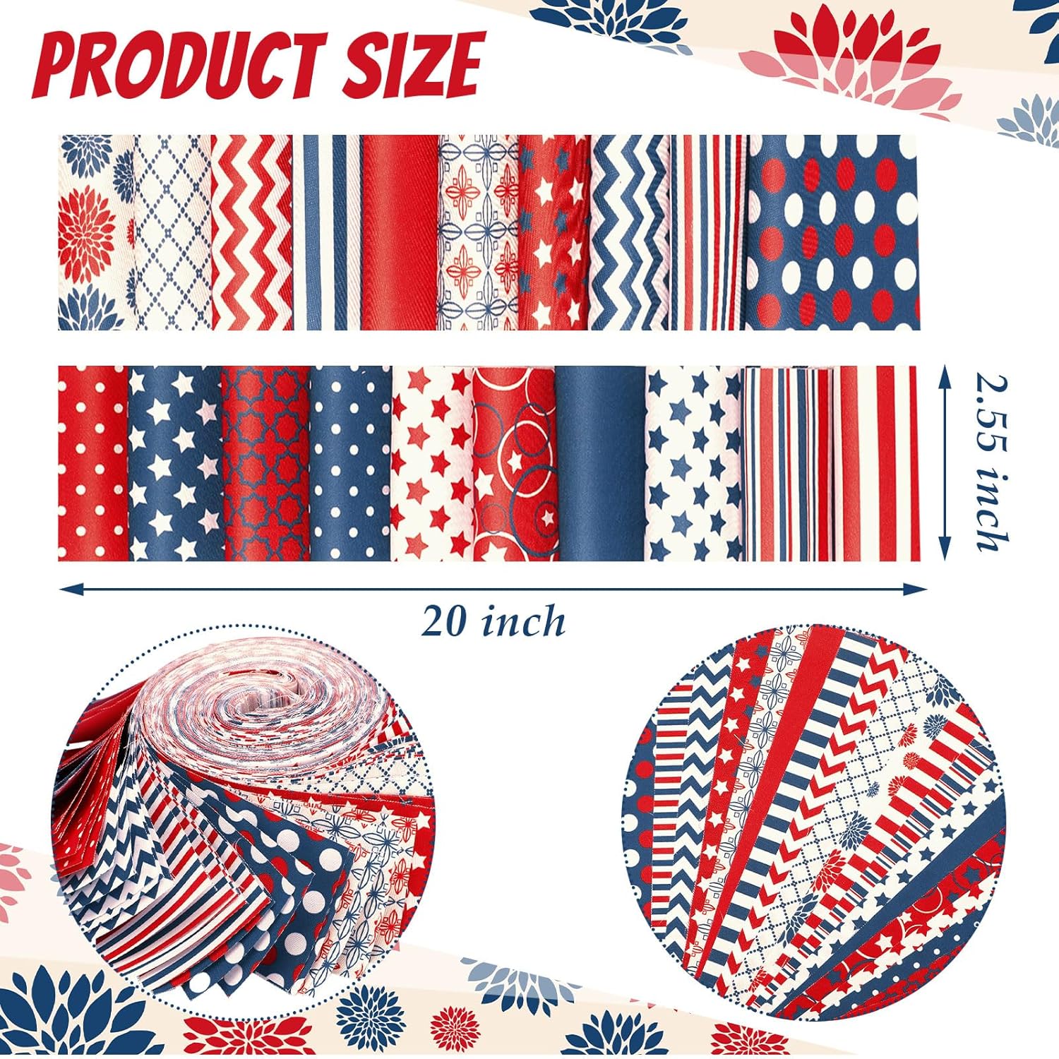 Ganeen 100 Pcs Patriotic Quilting Fabric Roll 2.56 Inch Retro 4th of July Fabric Squares Jelly Patchwork Precut Strips Bundles for Memorial Day Holiday Materials Craft DIY Sewing Cloths