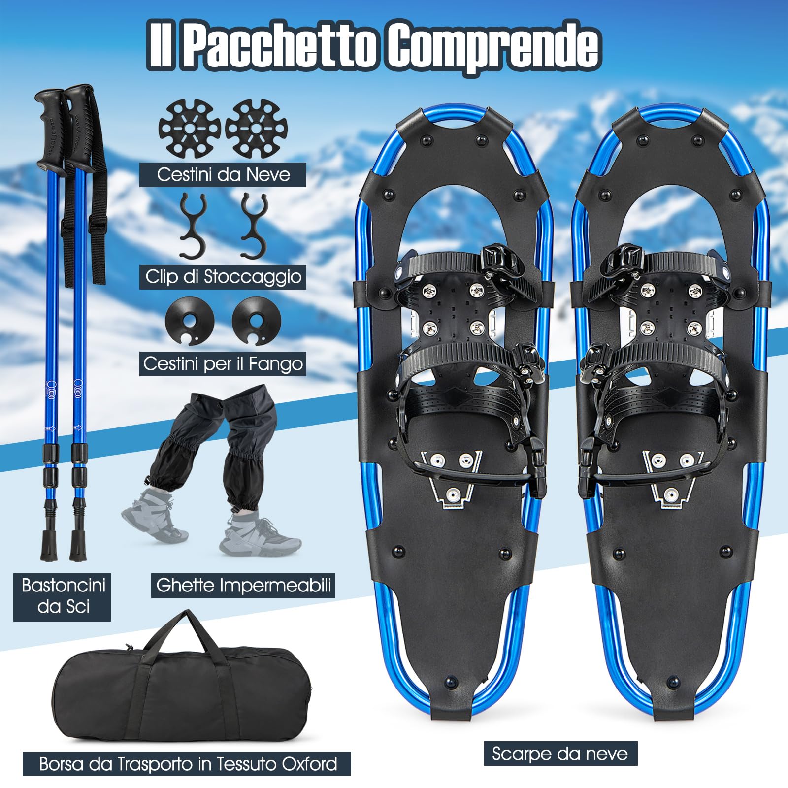 COSTWAY Set 4 in 1 Ciaspole da Neve 53/63/78 cm per Uomini, Donne e Ragazzi con Sistema di Fissaggio, Telaio in Alluminio, Bastoncini da Trekking, Ghette Gambe Impermeabile e Borsa