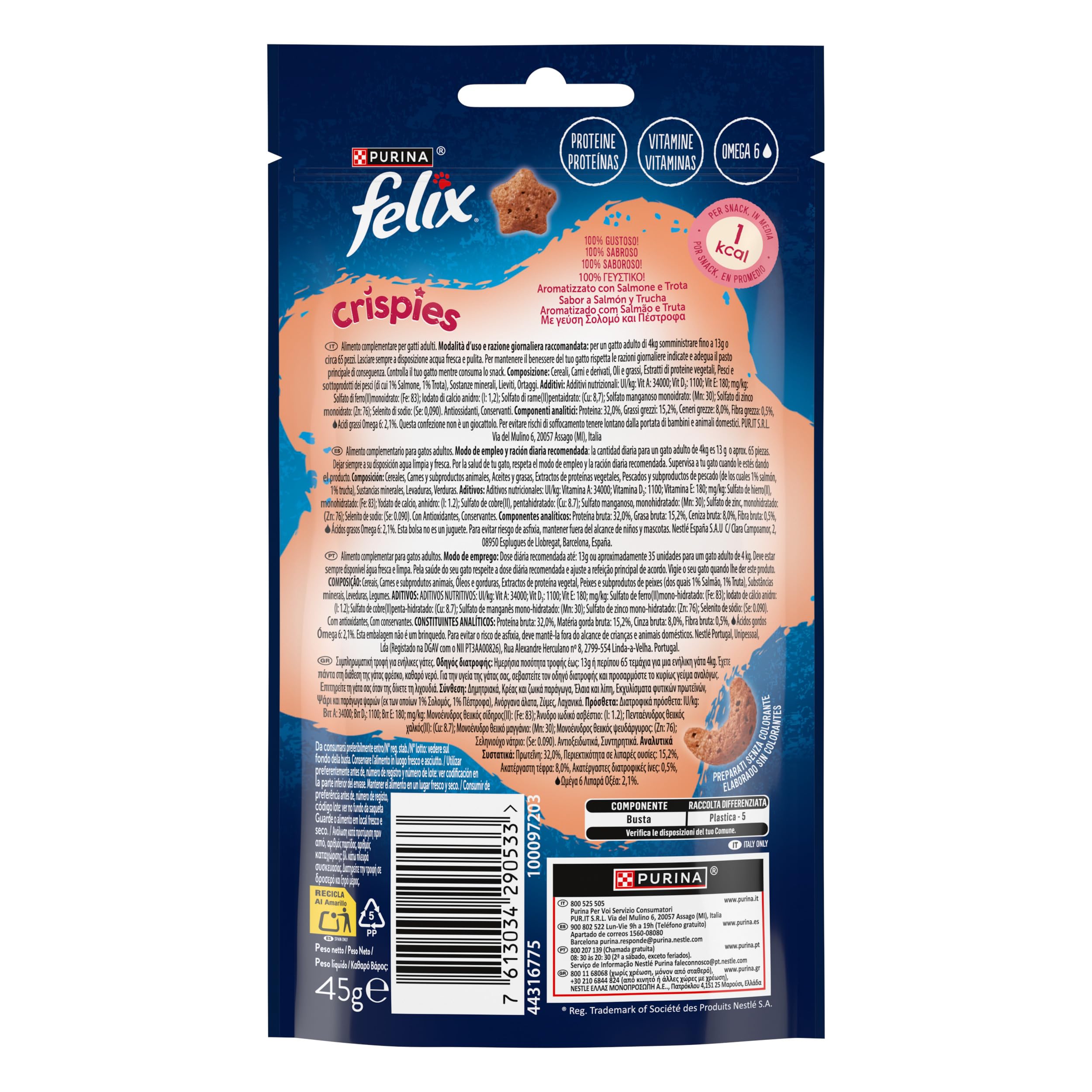 Felix Purina Crispies, Snack para Gato Adulto, Premio para Gato con Salmón y Trucha, Pack de 8 Bolsas de 45g