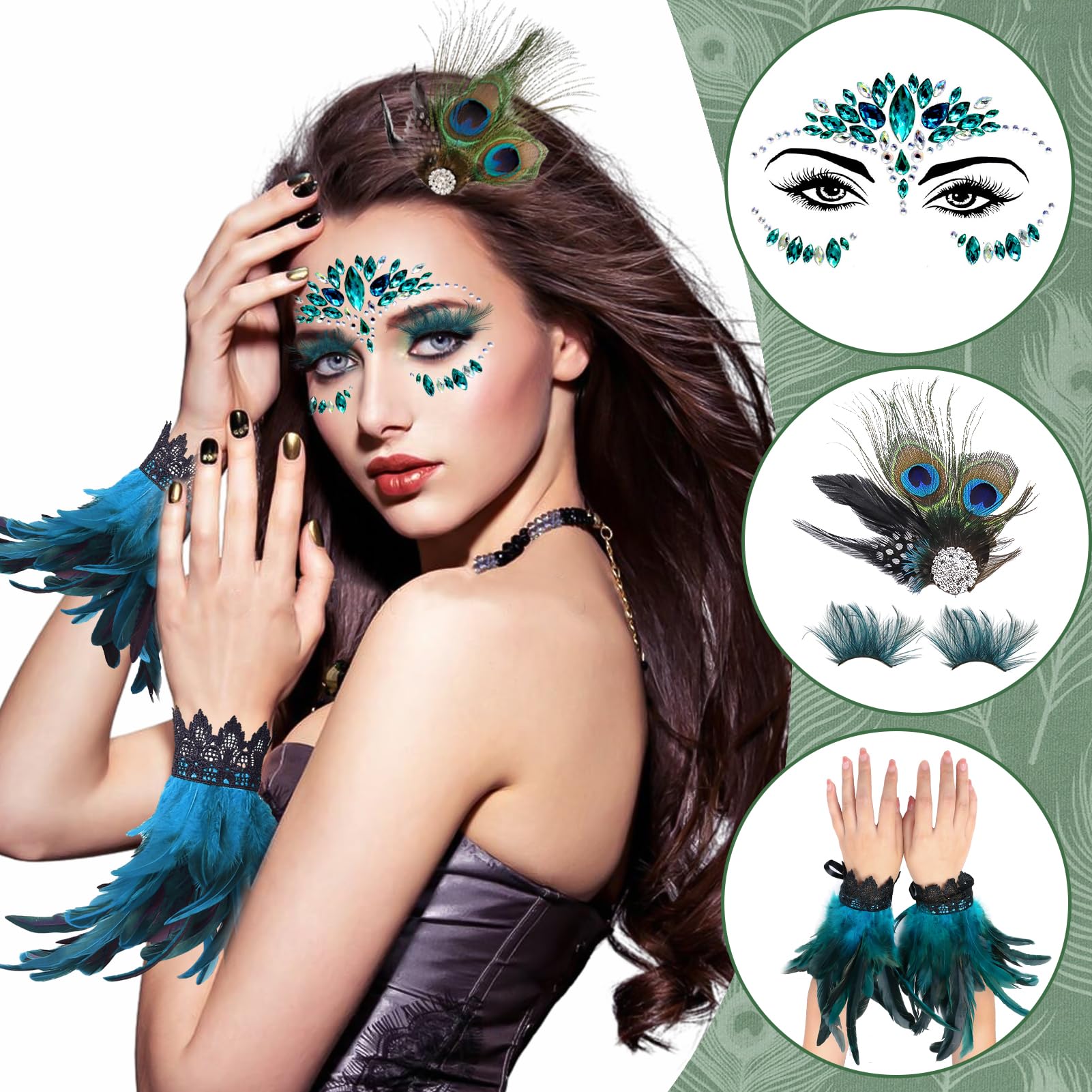 Huahuanghui Scialle Gotico di Piume, Gotico Piuma Naturale Polsino con Ciglia in Piume e Accessori per Capelli in Piume, Mantello di Piume Donna, per Carnevale Halloween Cosplay