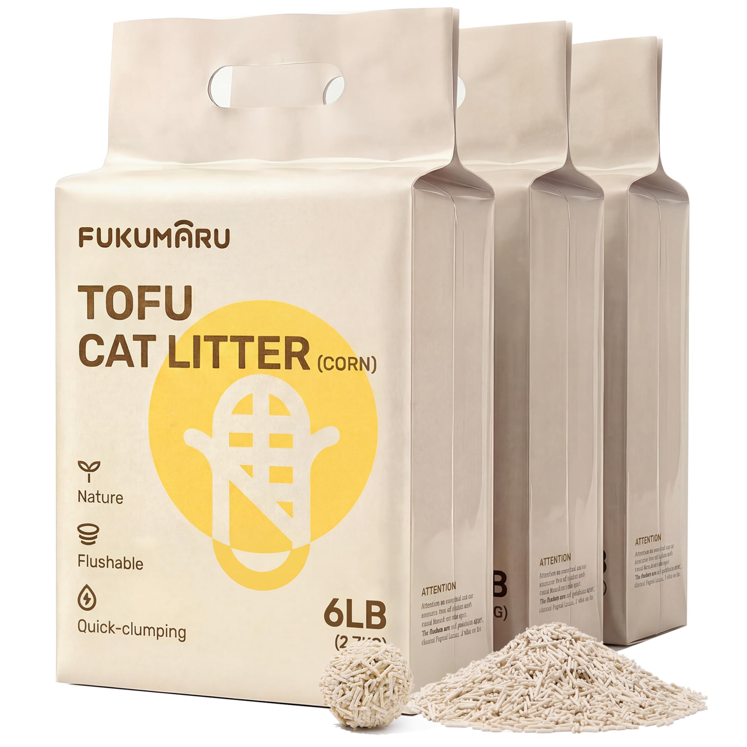 FUKUMARU Tofu 고양이 모래 - 천연 경량 무향 고양이 배변 펠릿, 99.9% 먼지 방지 빠른 뭉침, 효과적인 냄새 제어, 플러시 가능, 낮은 추적, 8.2kg(18파운드) (3팩)