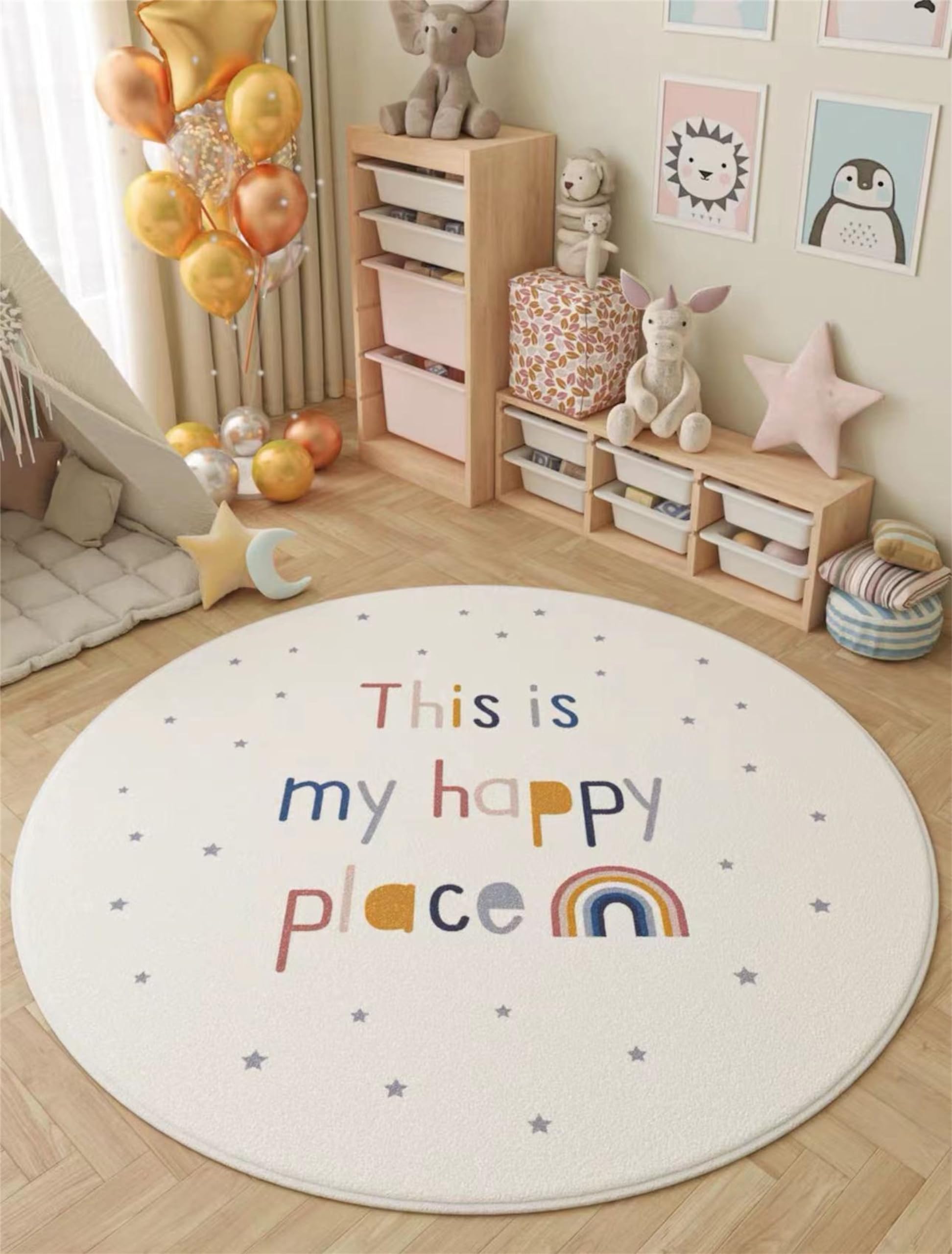 HONGXIU Bohemian Round Area Rug, 3ft Bedroom Rainbow Decorative Area Rug, Soft Non-Slip Washable Rug, Children's Game Crawling Rug, Suitable for