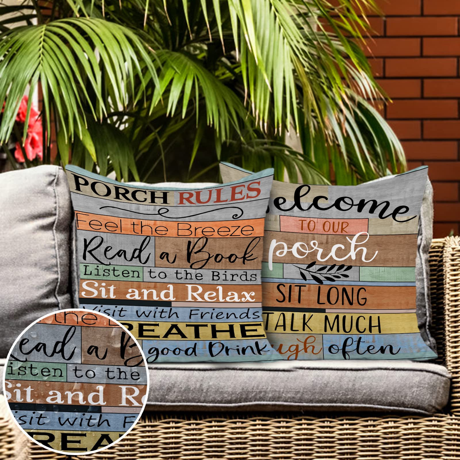 Jartinle Porch Rules Sign Outdoor Pillow Covers Waterproof Welcome to Our Porch Patio Pillow Covers for Couch Bench Patio Furniture Set of 2 (Brown,