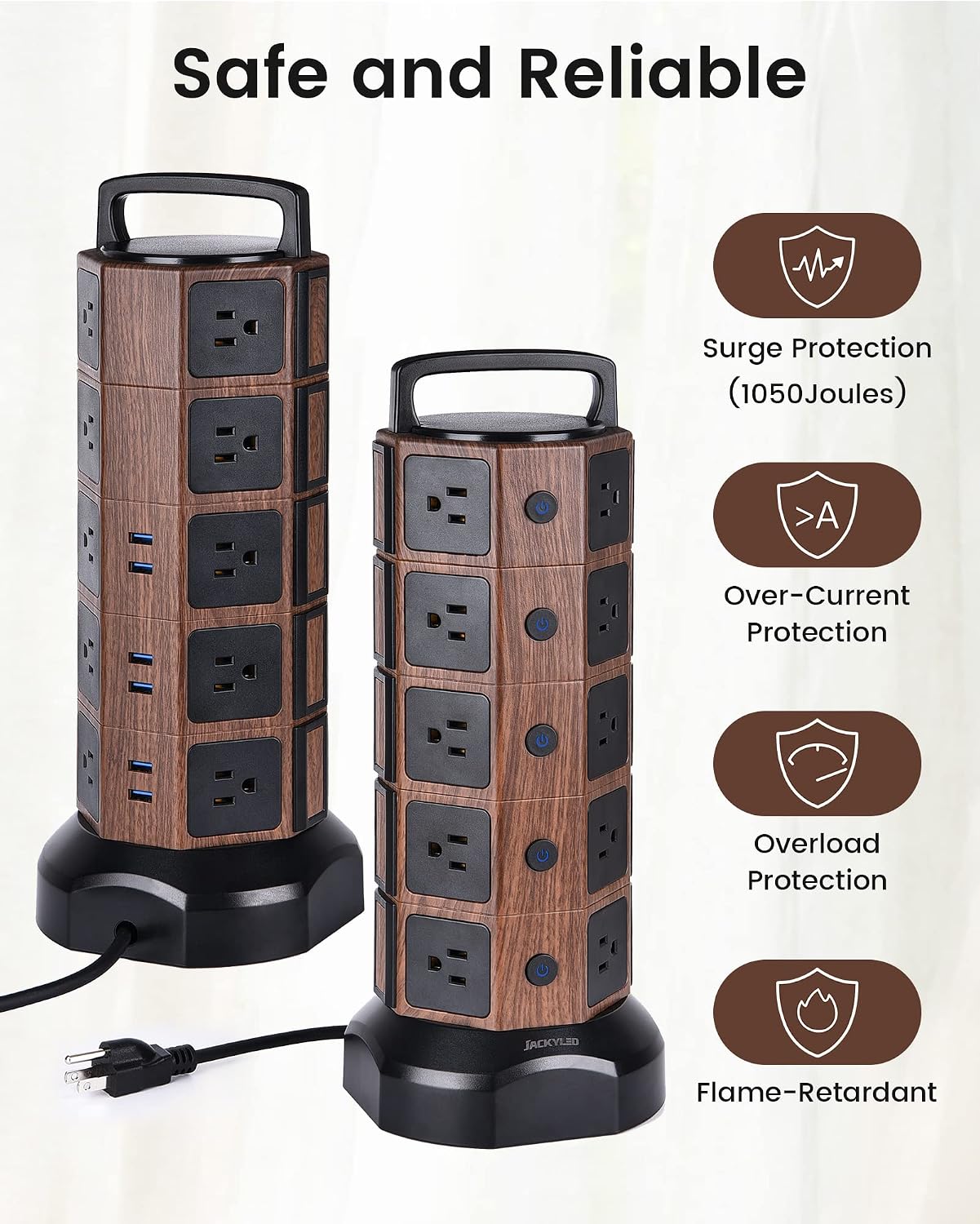Power Strip Tower Surge Protector 1050J, JACKYLED 20 AC Outlets 6 USB Ports, 3000W 13A Desktop Electrical Charging Station, 6.5ft Heavy Duty Extension Cord, for Home, Office, Garage, Black Walnut