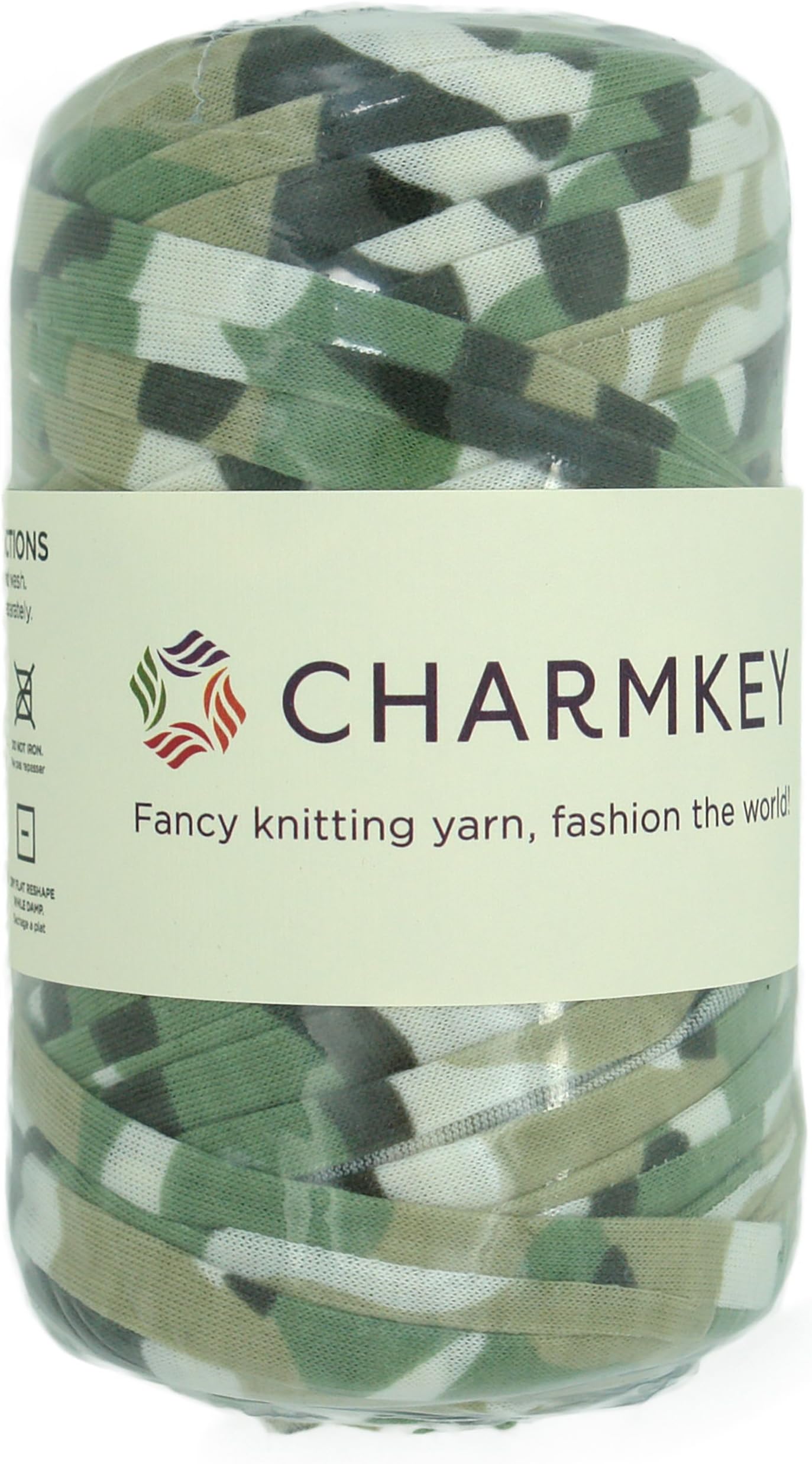 Charmkey Camouflage Print Yarn 6 Super Chunky Natural Soft Cotton Blend Ribbon T Shirt Yarn Elastic Knitting Cloth Fabric for Bags Cushion DIY Handicraft, 1 Skein, 7.05 Oounce (Jungle Green)