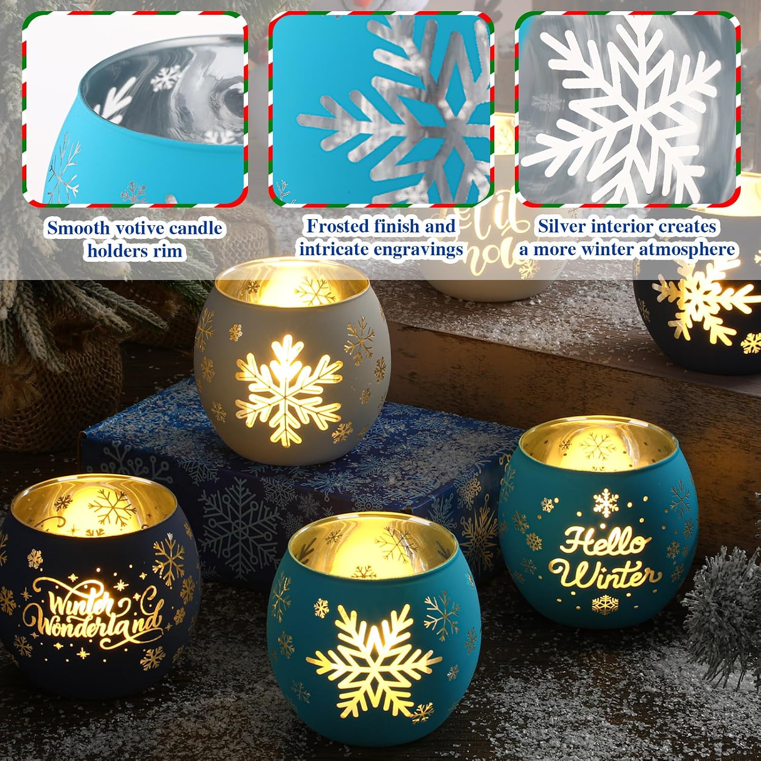 Jingmore 6 Pcs Glass Votive Holders, Winter, White, Blue