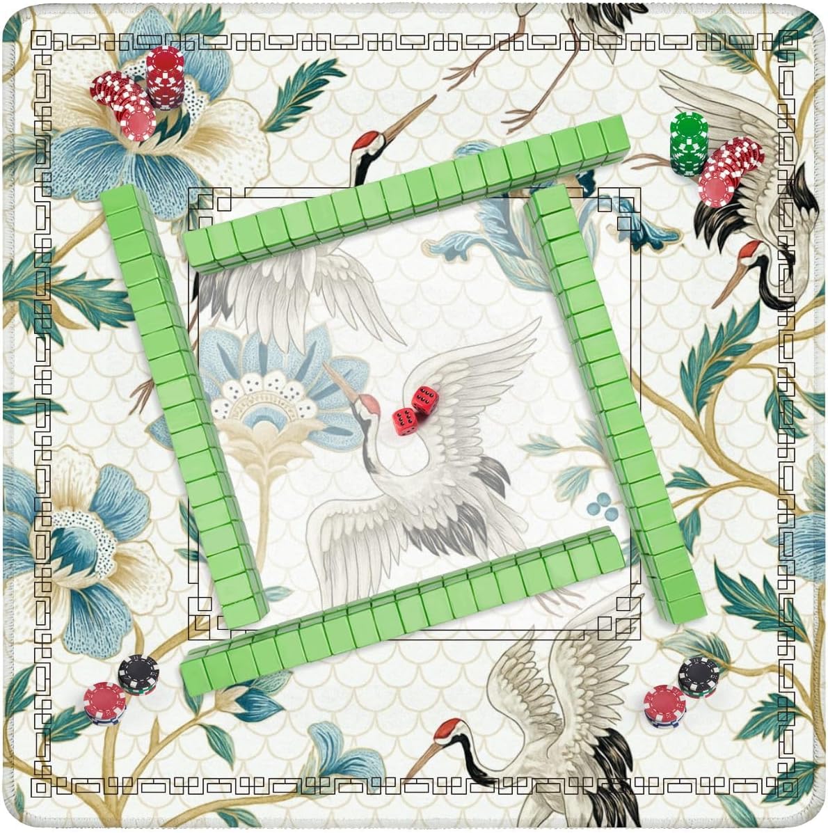 Mahjong Mat 31.5" x 31.5" Seamless Ethnic Japanese Ornament Elements Cranes Non-Slip Noise Reduction Mahjong Tiles Table Cover for Dominoes Poker Card Board and Tile Games