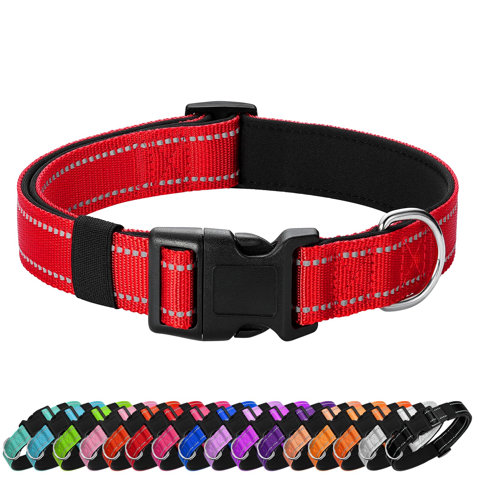 Reflective Dog Collar, Adjustable Nylon for Large Dogs,Red | Quick Release,Soft Neoprene Padded,Metal D-Ring
