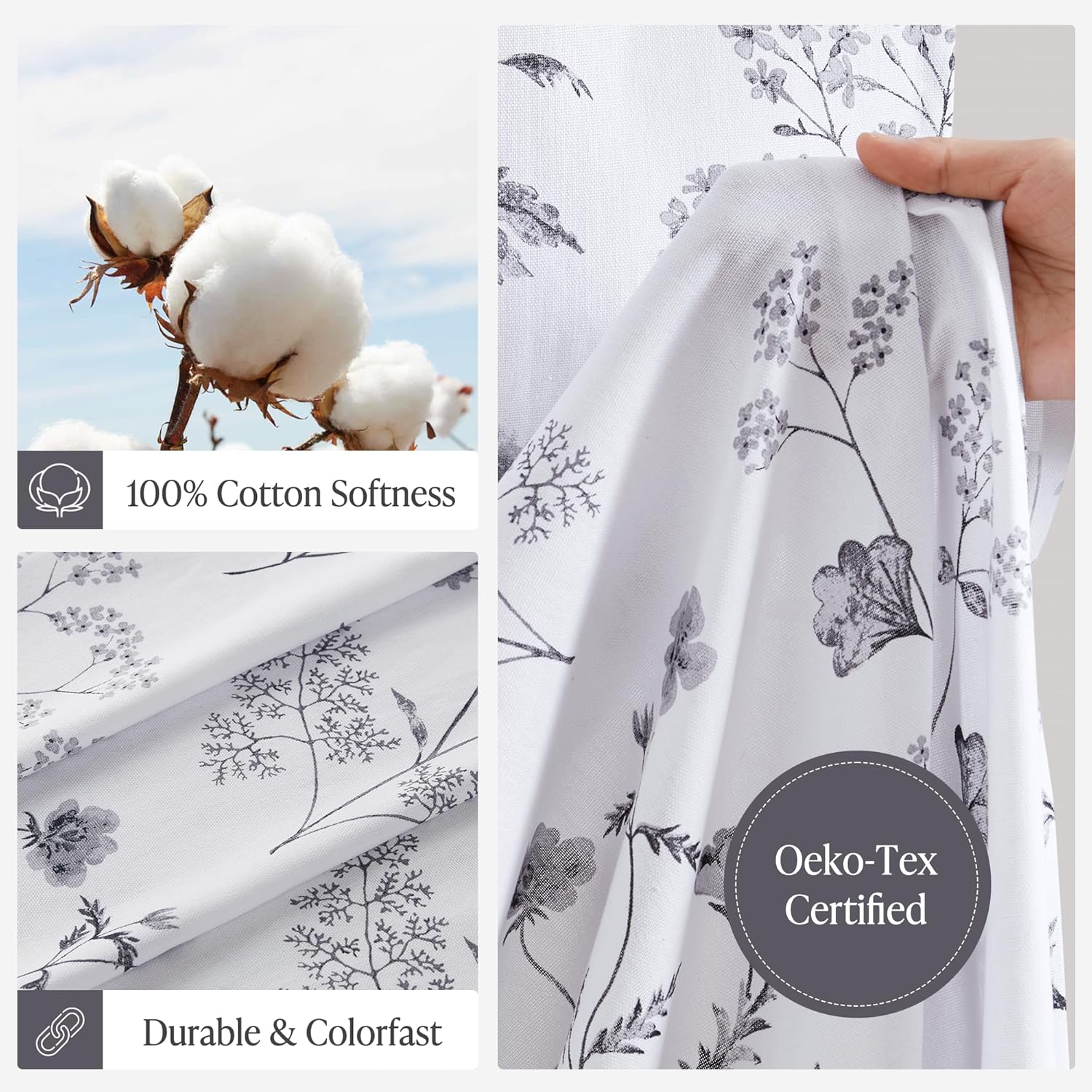 Martha Stewart Martha's Garden Shower Curtain Botanical Floral Print Cotton Shower Curtain for Bathroom, Spa Quality Modern Shower Curtains Standard Size, 72x84 Black