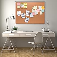 Vista 5 de Yaxa Basics Rectangular Bulletin Board, Cork Board for Wall, Vision Board for Classroom and Office, Aluminum Frame, 35" x 47", Brown