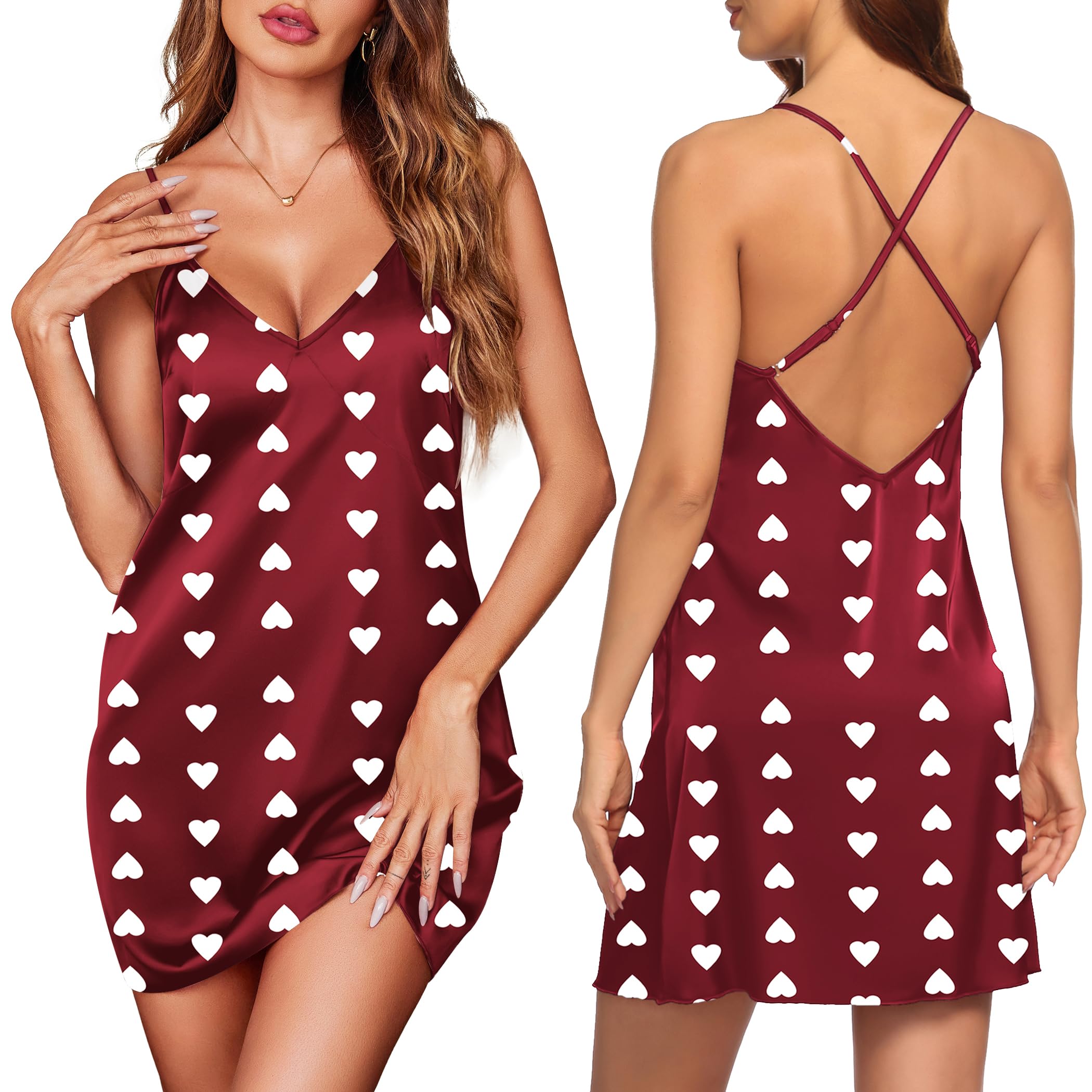 Ekouaer Satin Nightgown Silk Full Slip Dress Woman Sleepwear Lingerie Dress Silk Mini Slip Chemise Nightgown S-XXL