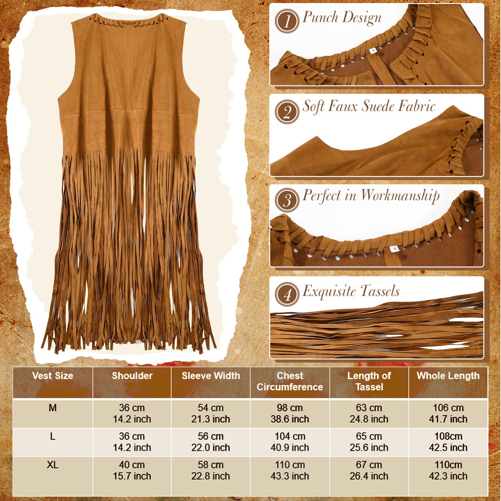 Hestya Set di Accessori per Costume Anni '60 Anni '70 Kit di Travestimento Hippie da Donna Gilet con Frange Pantaloni Svasati Borsa Fascia Fiori Occhiali da Sole Collana Pace per Halloween