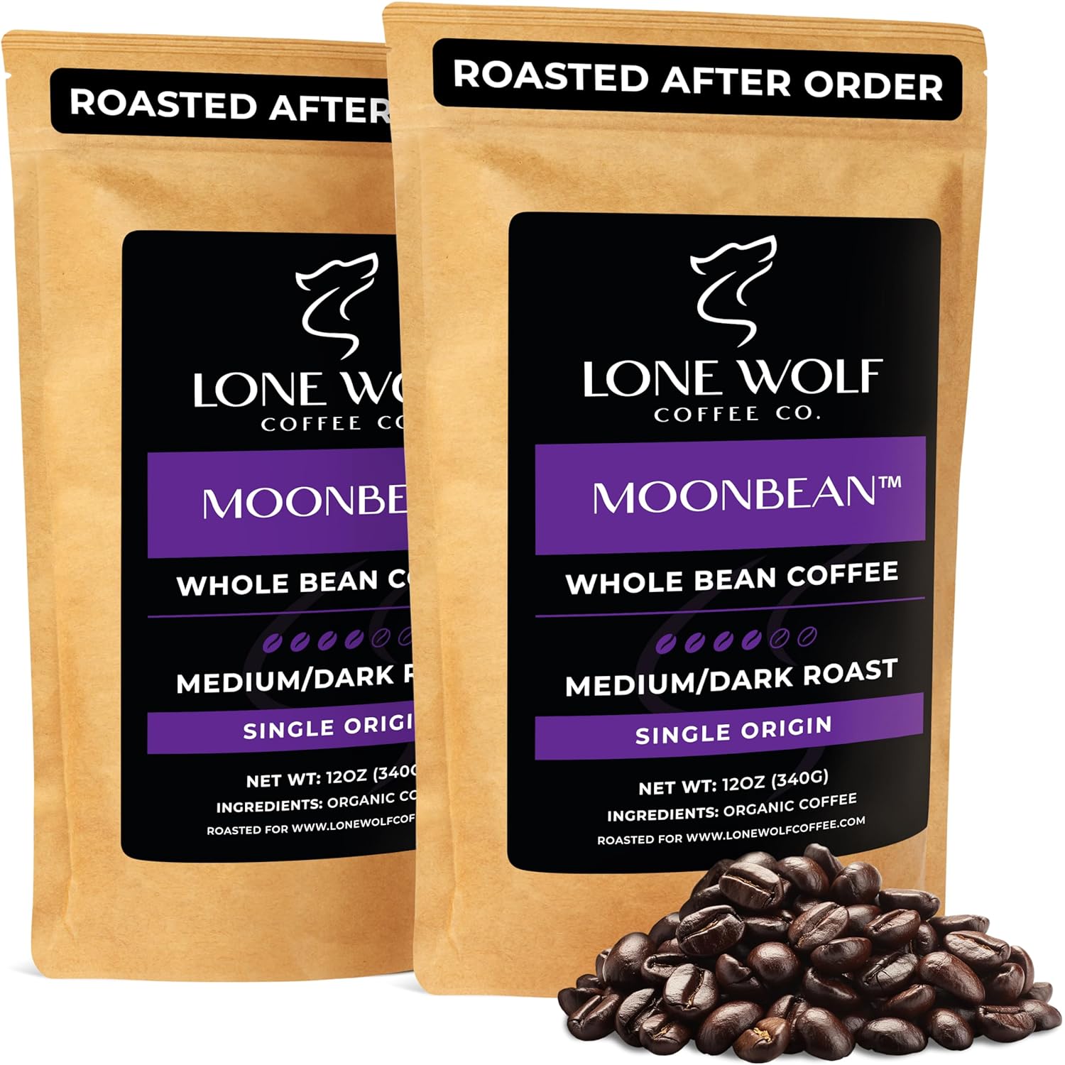 Moonbean - 2-Pack - Freshly Roasted After Your Order – Specialty Grade, Low Acid, Single Origin, Medium to Dark Roast Whole Bean Coffee, No Bitterness, Ethically Sourced – Pack of 2 (12 Ounces Each)