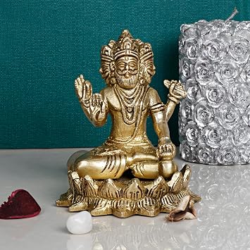 ARTVARKO Brass Brahma The Creator in Trimurti Idol Sitting on Lotus with Four Heads Representing The Four Vedas 4 Inch