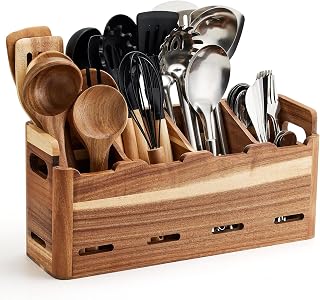 Acacia Wood Utensil Holder for Kitchen Counter, 4-Compartment Large Kitchen Utensil Organizer, Wood Utensils Organizer for Cooking Tools and Silverware, Farmhouse Kitchen Decor