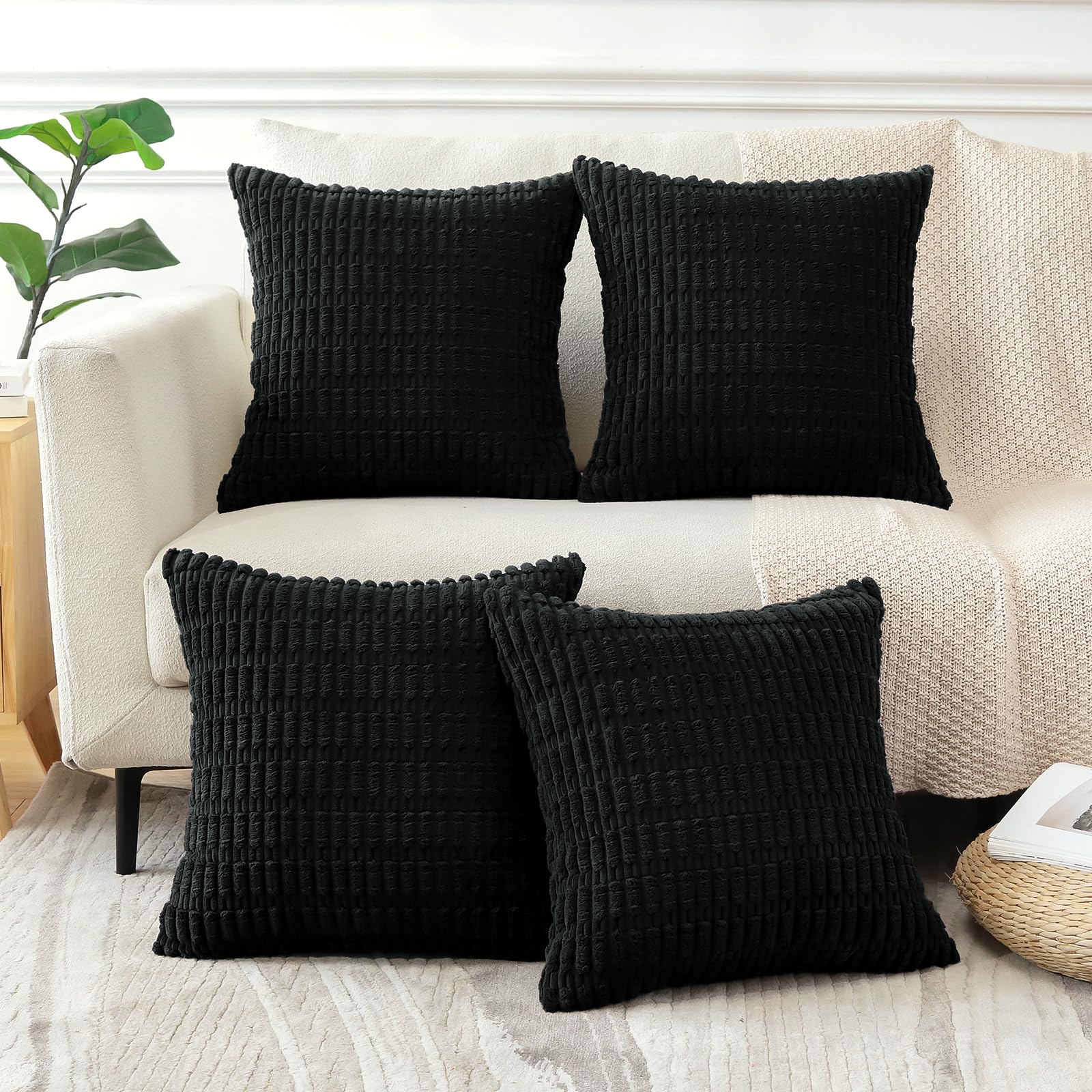 Sungeek Set of 4 Soft Corduroy Decorative Cushion Covers 45x45cm Square Striped Throw Pillow Covers 18x18 Inch for Sofa Couch Living Room Patio Farmhouse Boho Home Decor Pillowcases (Black) - Image 2