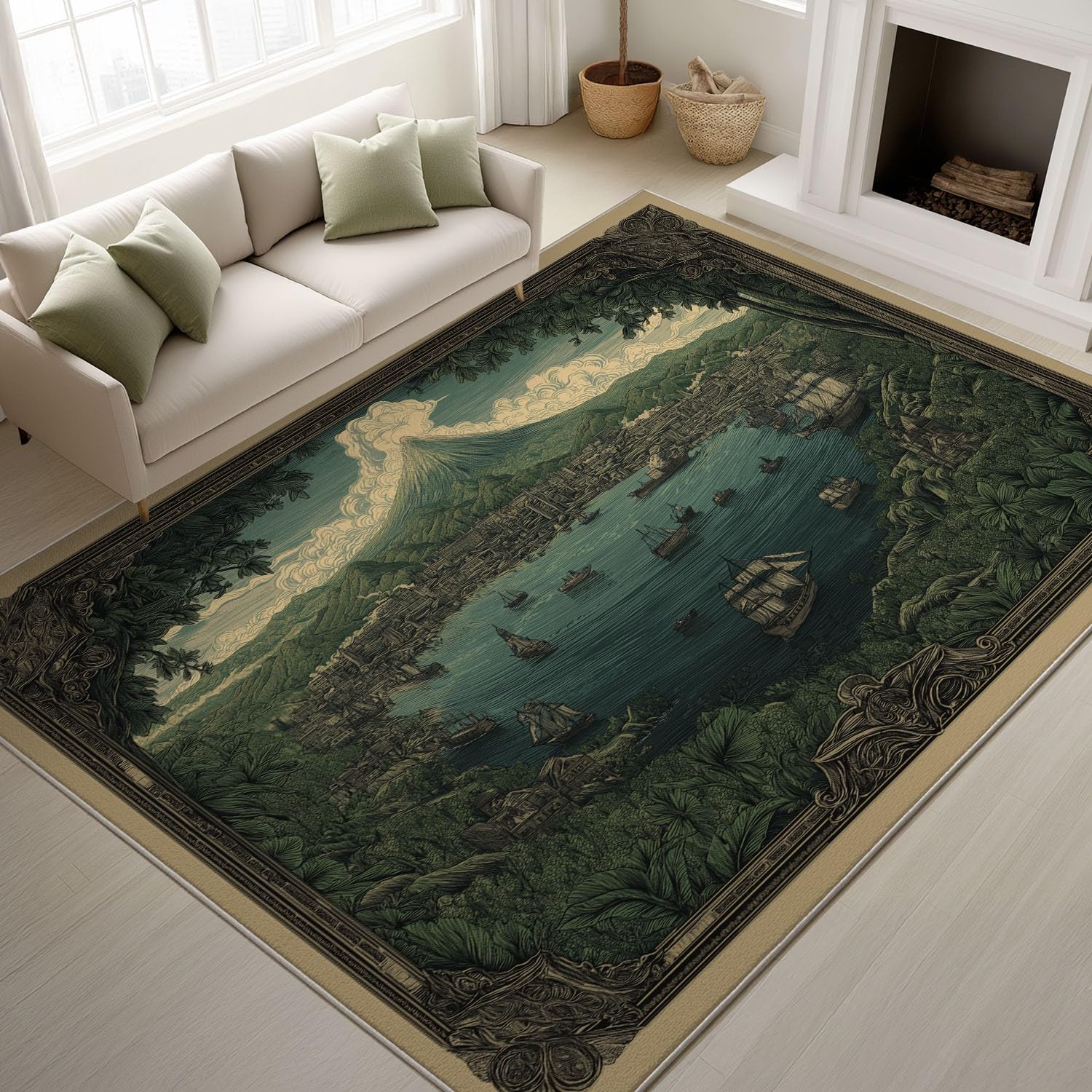 Genérico Alfombras Estampadas 120 x 180 cm, Océano Vintage Alfombra Antideslizantes Puerto Barco montaña Clásico nostálgico, Alfombras Lavables Despacho salón, Verde Oscuro