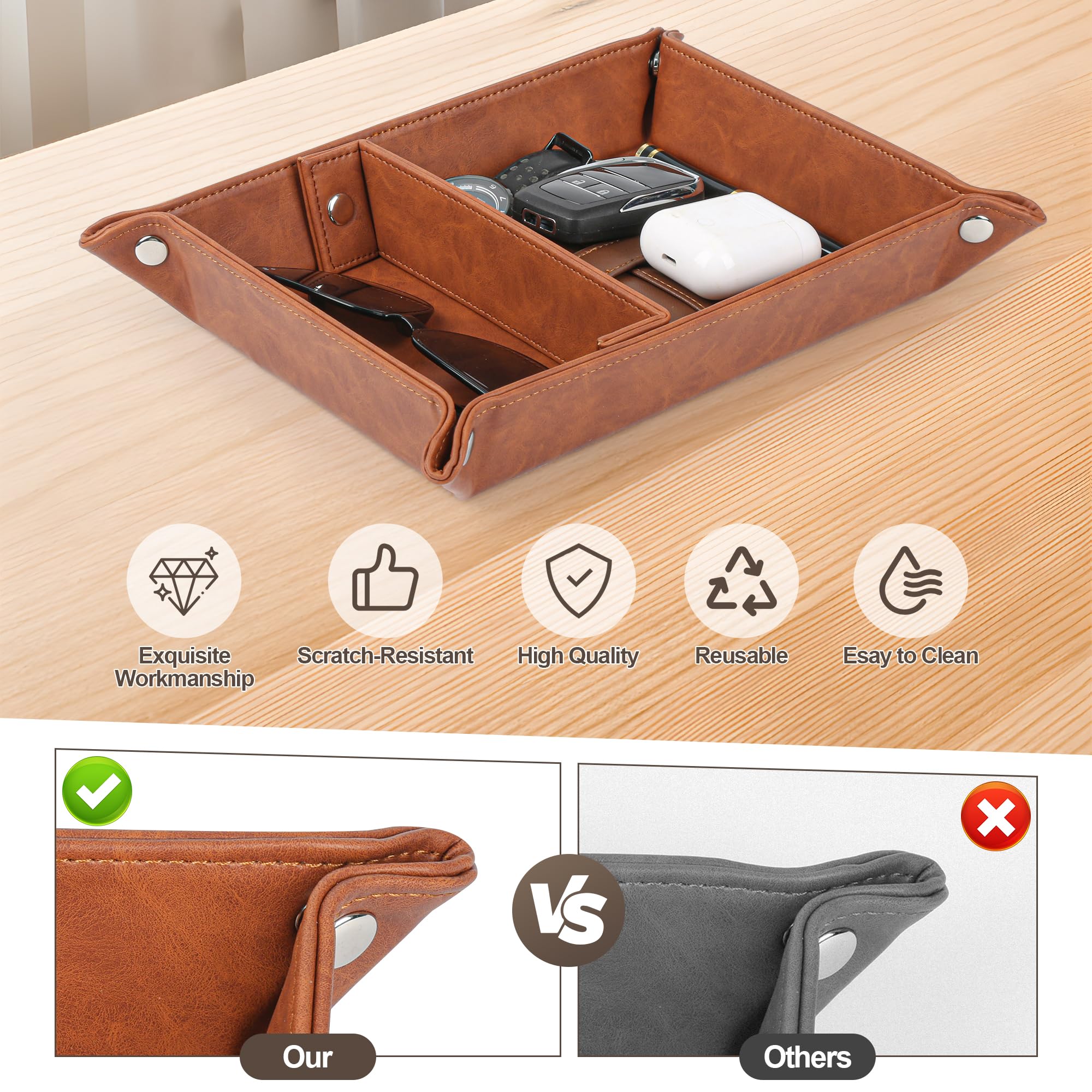 Deluxe Leather Tray Desktop Storage Organizer Watch Remote Control Jewelry Cell Phone Wallet Keychain Desktop Storage for Home, Camping Unique Gift Ideas for Men and Friends