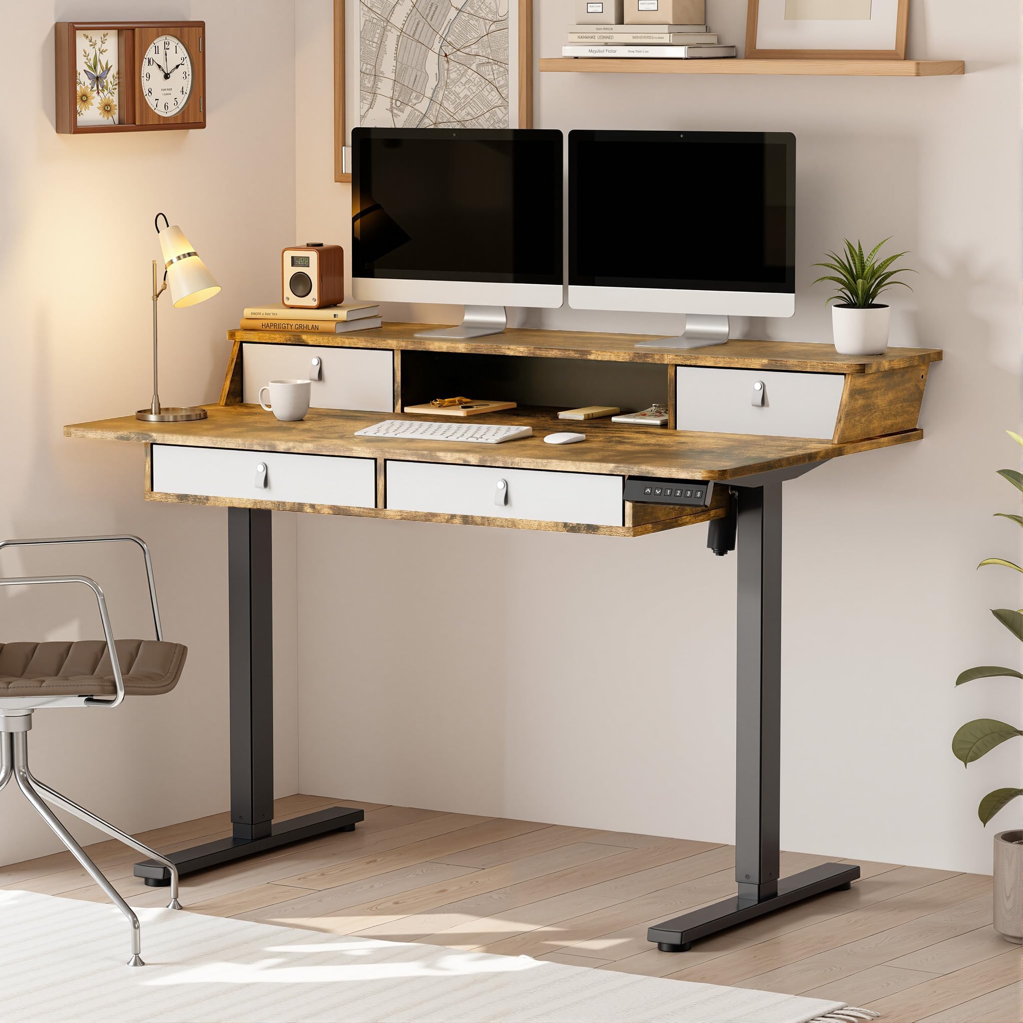 ARTIKEL Valor Electric Height Adjustable Standing Desk with Storage Drawers & Shelves| Sit-Stand Desk for Home Office |Ergonomic Workspace Table| 120 * 69CM|Weight Capacity 80KG|Rustic Brown