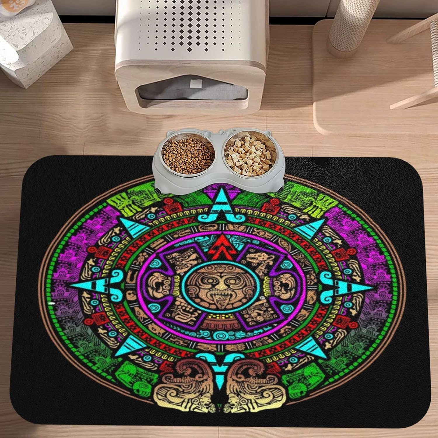 Mexica Aztec Calendar Mayan Art Pet Feeding Mat-Absorbent Quick Dry Pet Cat Dog Food Mat Non Slip Waterproof Rubber Dish Placemat
