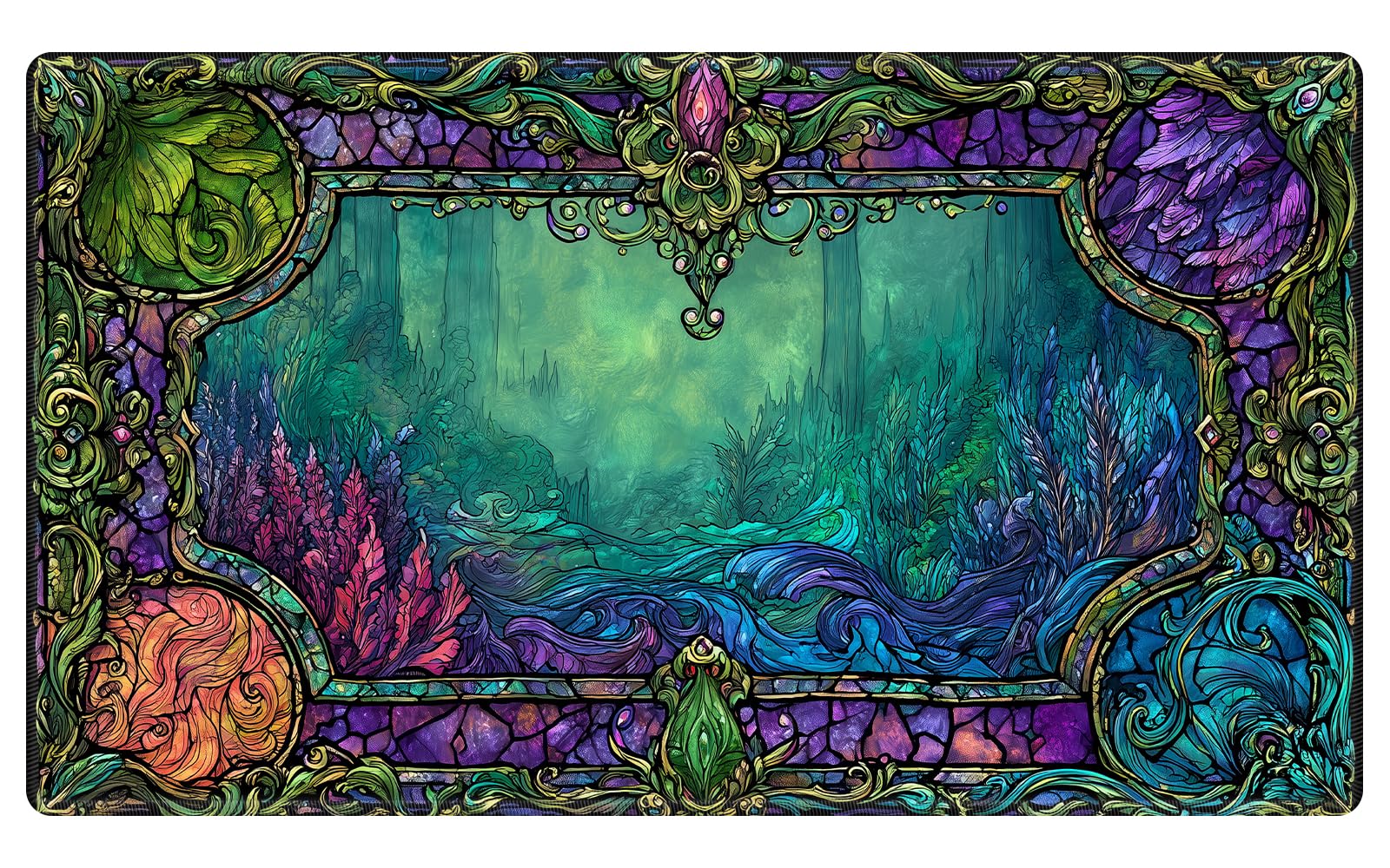 Stained Glass Cathedral TCG Playmat - Ornate Gothic Fantasy Forest Multi-Element Design Card Gaming Mat for MTG - 24" x 14" Tabletop Battle Pad with Premium Stitched Edges