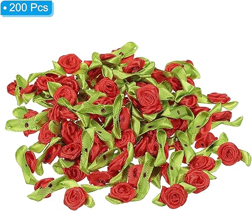 Miniatura 8 de PATIKIL Mini rosas de cinta, 200 unidades, pequeñas flores de tela de satén con adornos de hojas verdes, rosetas para manualidades, costura, boda,