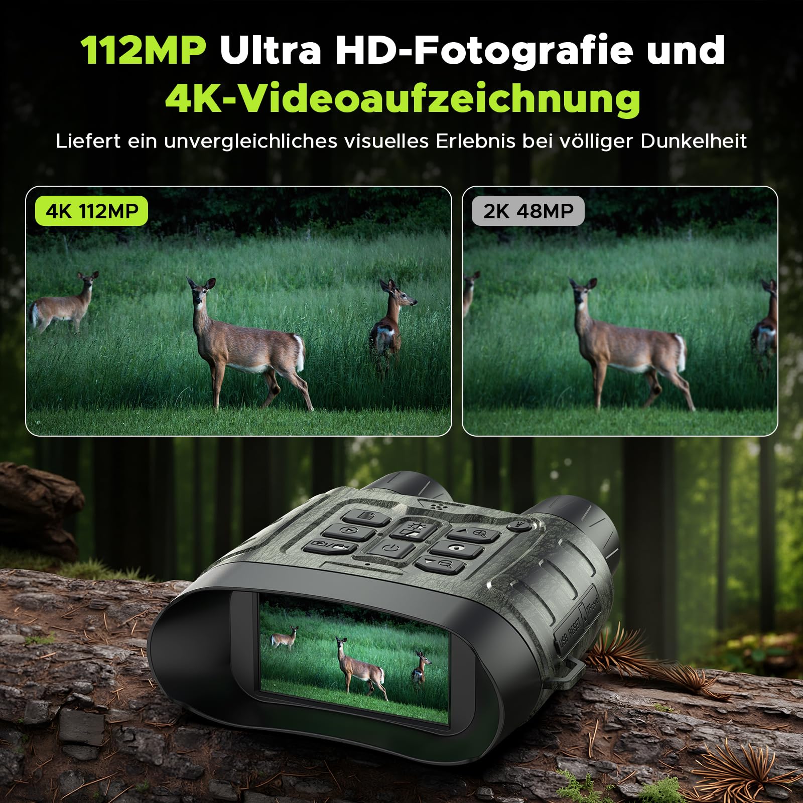 Nachtsichtgerät mit WLAN, 112MP 4K Digitales Infrarot Nachtsichtgerät 12X Zoom 450m Reichweite, 5000mAh Akku 16h Laufzeit, 32GB Speicherkarte, WLAN App Live-Ansicht für Jagd, Camping, Sicherheit